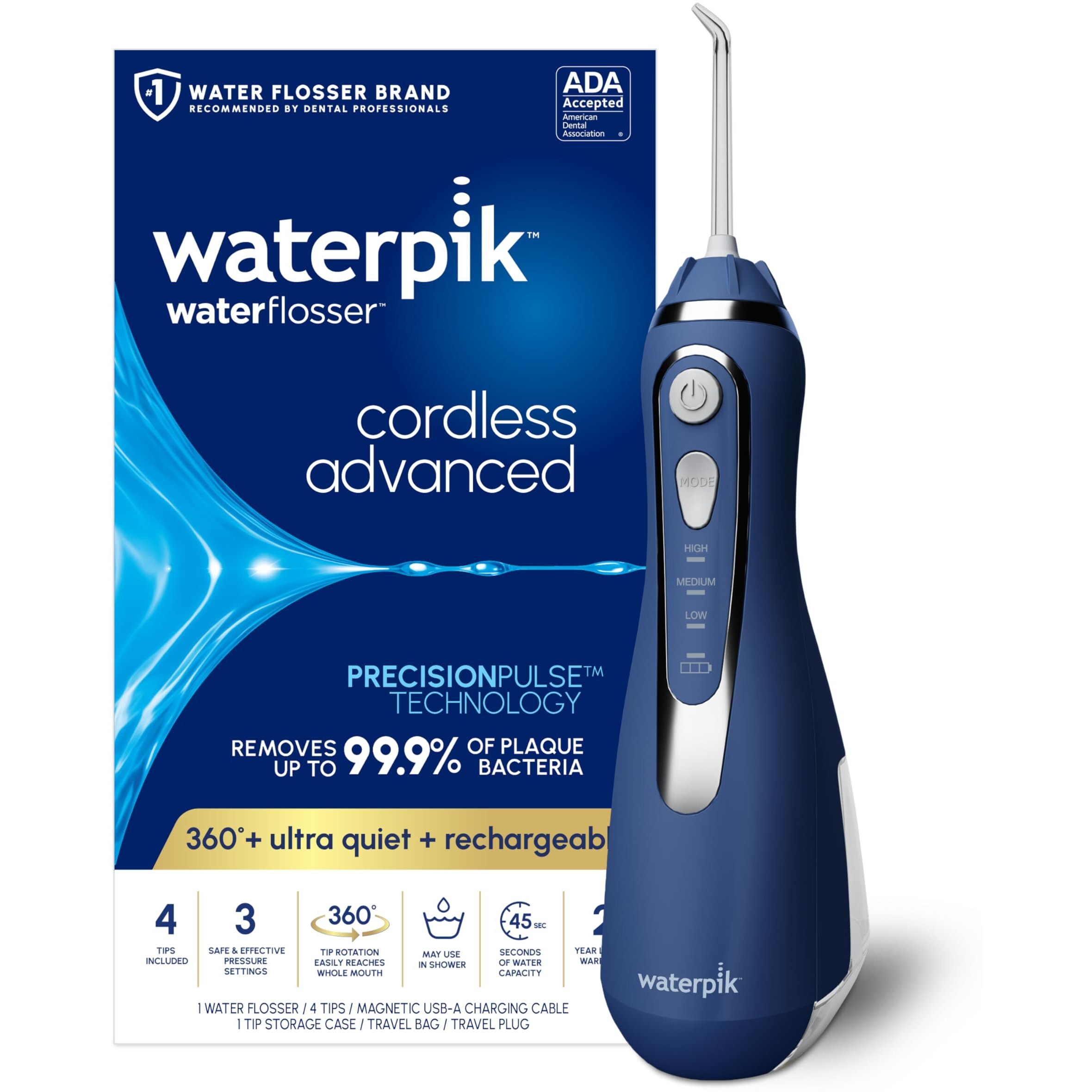 Waterpik Cordless Advanced 2.0 Water Flosser For Teeth, Gums, Braces, Dental Care With Travel Bag And 4 Tips, Ada Accepted, Rechargeable, Portable, And Waterproof, Blue Wp-583, Packaging May Vary