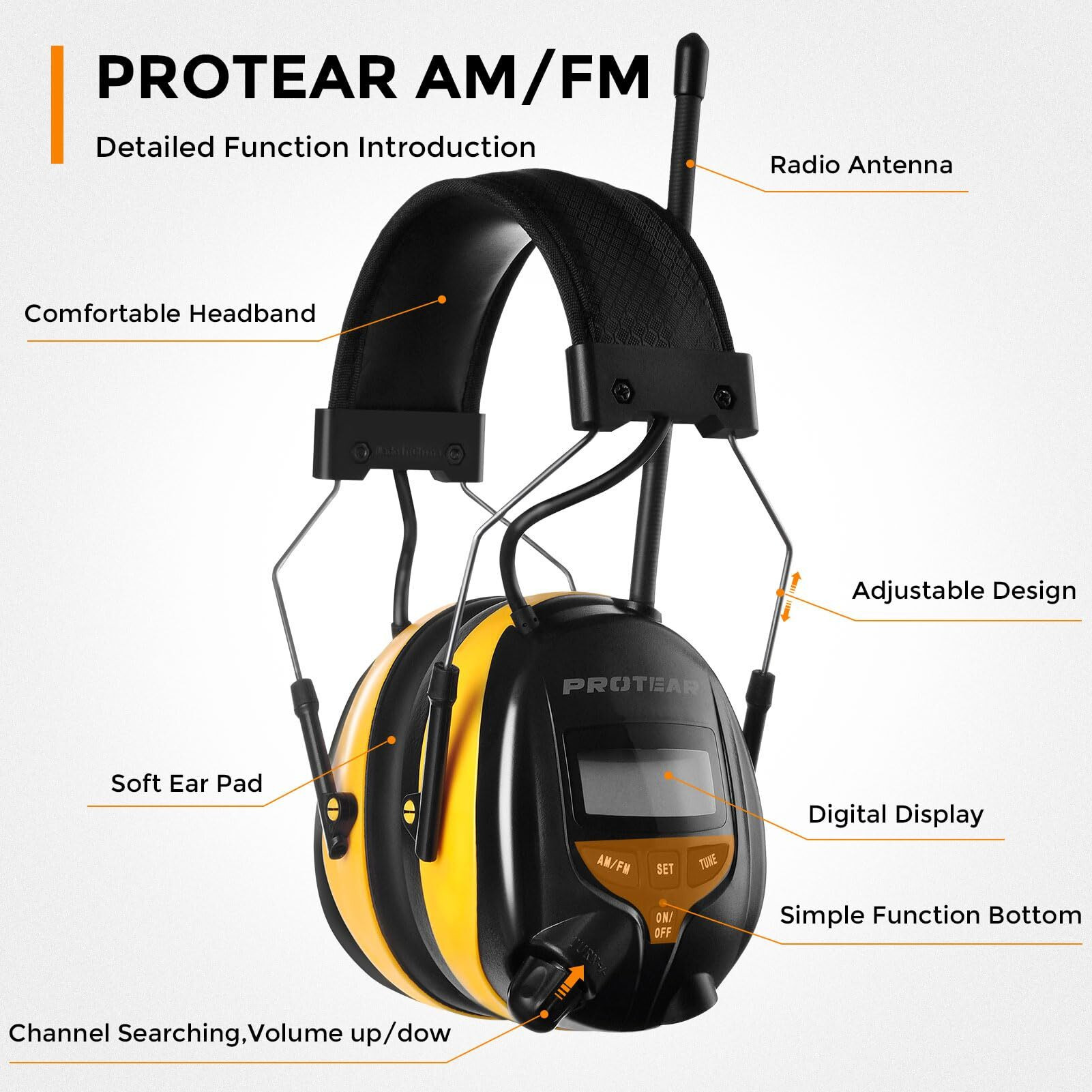 Protear Am/Fm Radio Headphones 25Db Nrr,Noise Reduction Safety Earmuffs,Digital Display Headset,Powered By Aa Battery,Hearing Protection For Walkman Mowing Lawn Work(Yellow)