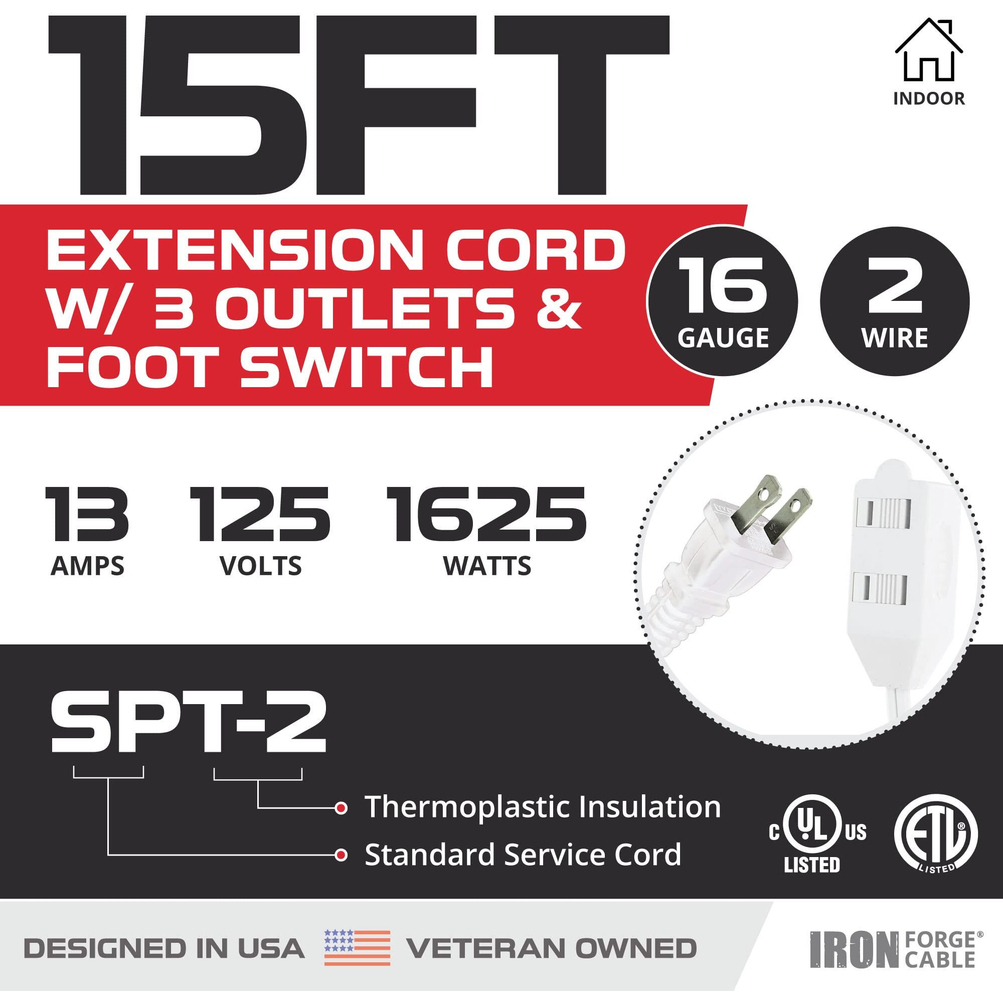 Iron Forge Cable 15 Ft Extension Cord With Foot Switch And 3 Electrical Power Outlet - 16/2 Durable White Foot Tap Extension Cord