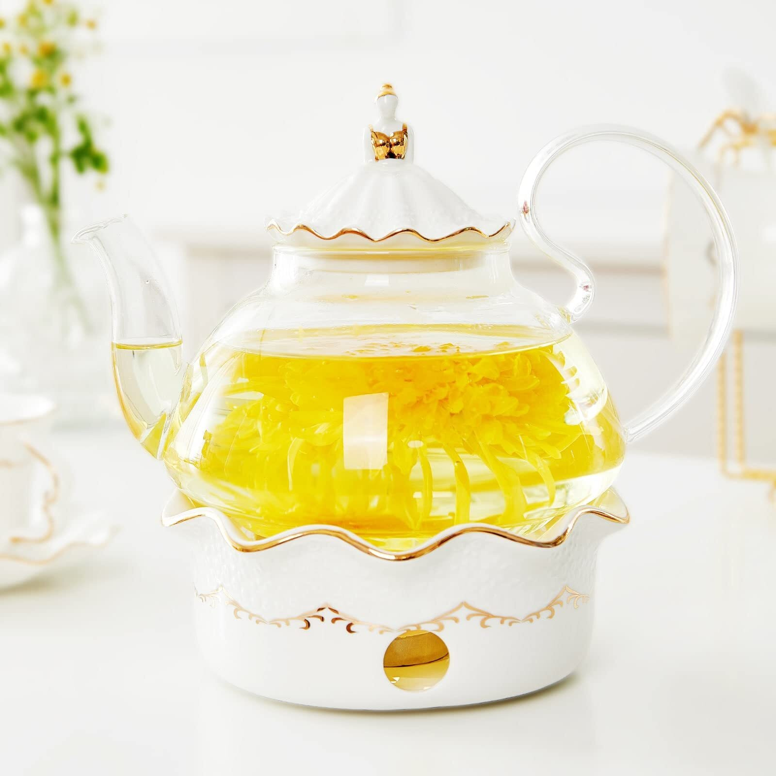 Dujust Blooming Tea Pot Set, Luxury British Design With Relief Decor & Gold Trims, Hand-Crafted Clear Teapot With Warmer, 40Oz Glass Teapot With Infuser, Stove-Safe Tea Party Gift & Home D  Cor