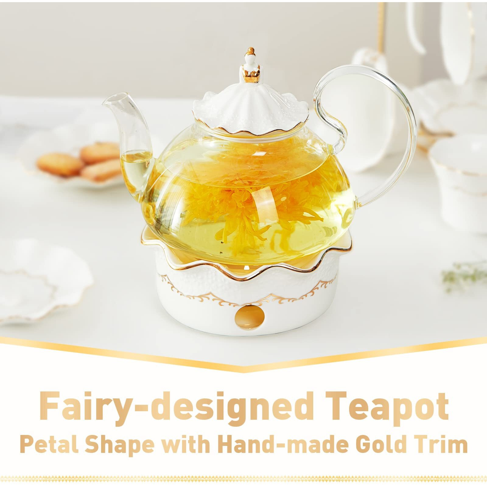 Dujust Blooming Tea Pot Set, Luxury British Design With Relief Decor & Gold Trims, Hand-Crafted Clear Teapot With Warmer, 40Oz Glass Teapot With Infuser, Stove-Safe Tea Party Gift & Home D  Cor