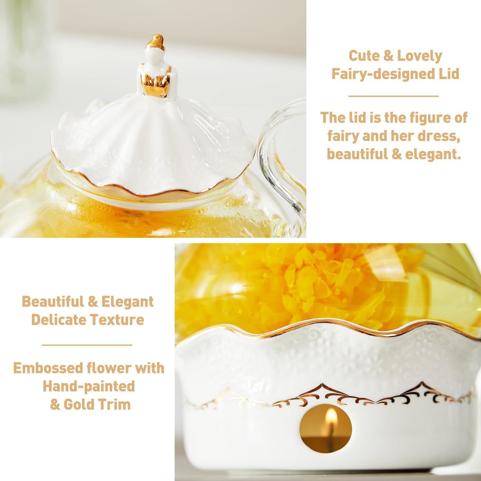 Dujust Blooming Tea Pot Set, Luxury British Design With Relief Decor & Gold Trims, Hand-Crafted Clear Teapot With Warmer, 40Oz Glass Teapot With Infuser, Stove-Safe Tea Party Gift & Home D  Cor