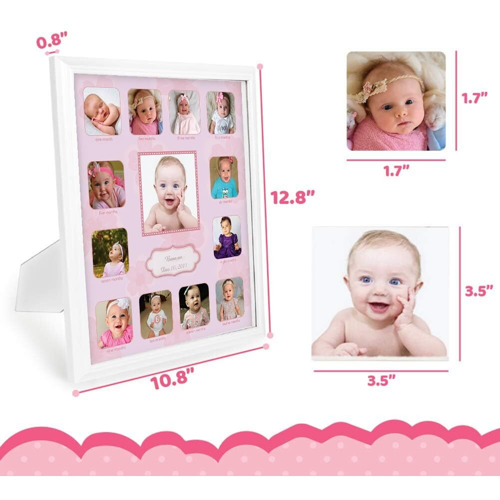 Collage Photo Frame For Baby First Year Keepsake, Multi Picture Frames For Baby Newborn 1St Birthday Giftmemory Home Decor Size 11 X 13 X 1 Inch With 13 Slots In Pink White Prime Wood
