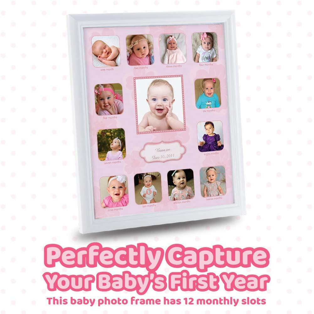 Collage Photo Frame For Baby First Year Keepsake, Multi Picture Frames For Baby Newborn 1St Birthday Giftmemory Home Decor Size 11 X 13 X 1 Inch With 13 Slots In Pink White Prime Wood