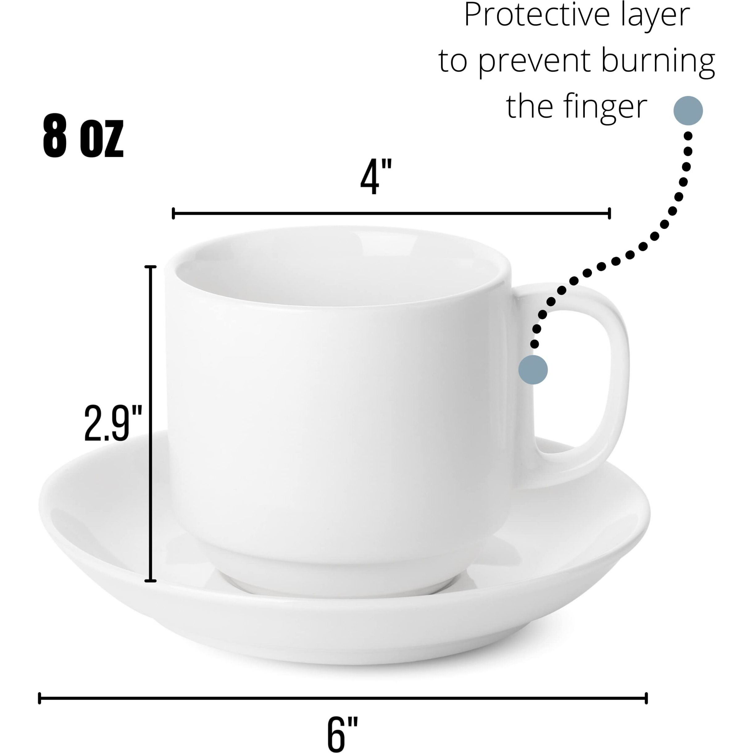 Btat- Stackable Tea Cups And Saucers, White, Set Of 6 (8 Oz), Cappuccino Cups, Coffee Cups, White Tea Cup Set, British Coffee Cups, Porcelain Tea Set, Latte Cups