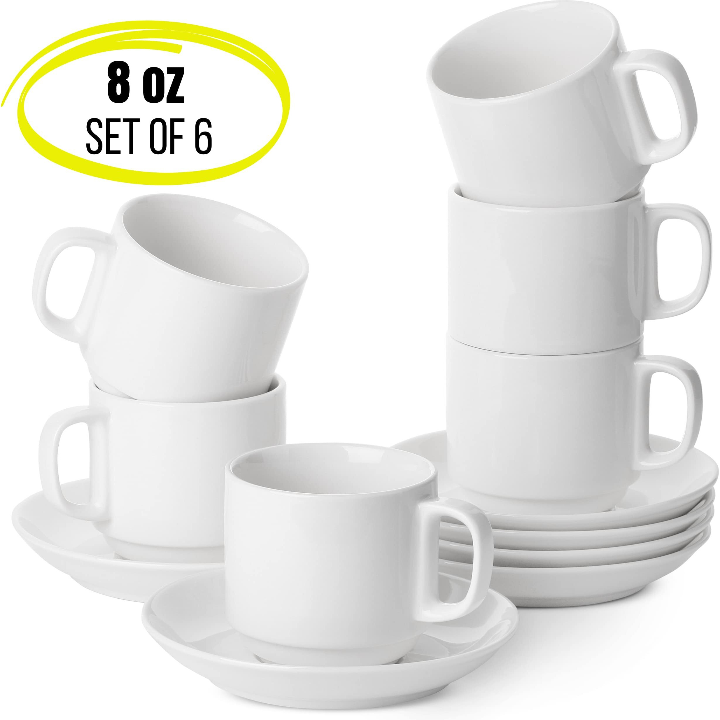 Btat- Stackable Tea Cups And Saucers, White, Set Of 6 (8 Oz), Cappuccino Cups, Coffee Cups, White Tea Cup Set, British Coffee Cups, Porcelain Tea Set, Latte Cups