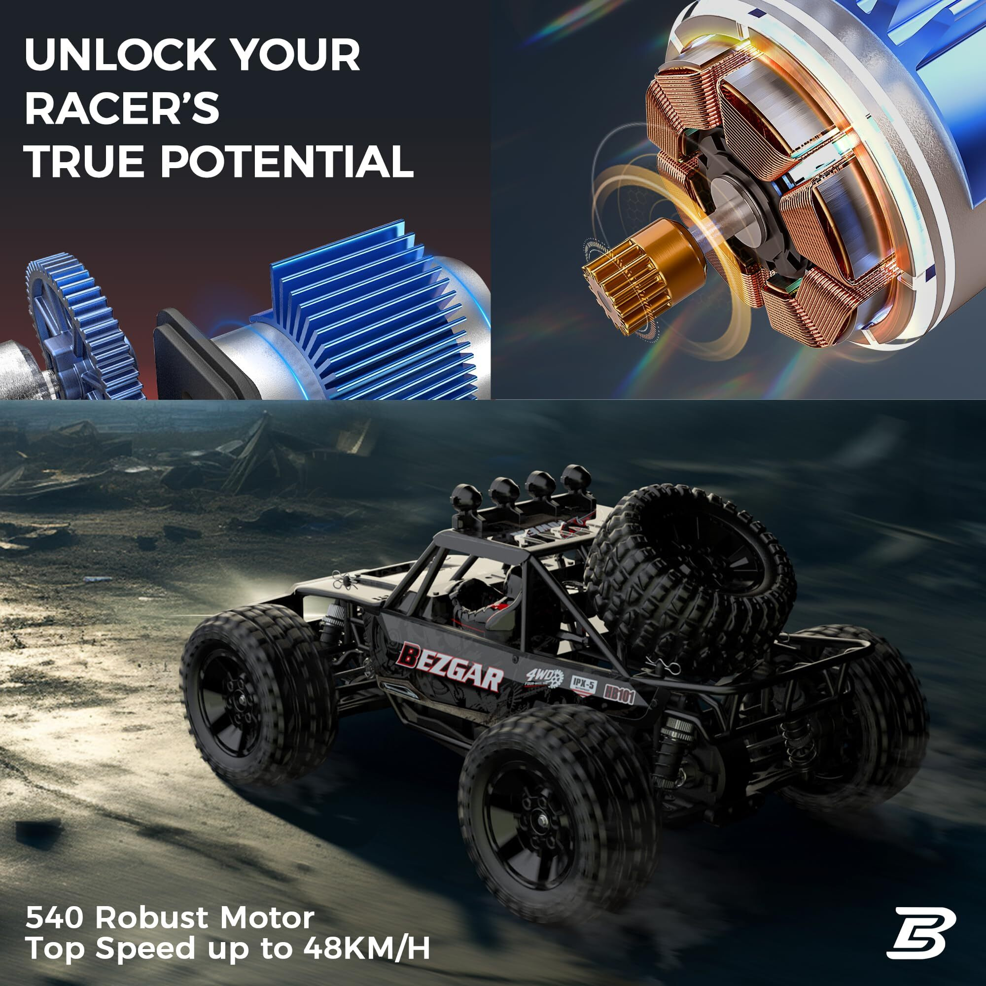 Bezgar Hb101 110 Scale Beginner Rc Truck, 4Wd High Speed 48Km/H All Terrains Rc Car Off Road Waterproof Rc Buggy Toys For Boys Kids And Adults