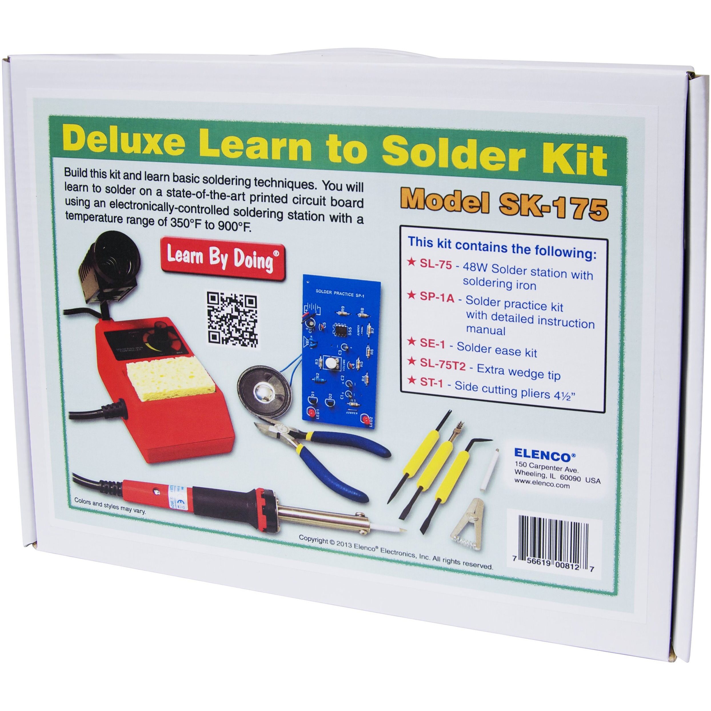 Elenco Deluxe Learn To Solder Kit | Fully Adjustable Soldering Station | Temperature Range 350-900F | Sl-75T2 Wedge Tip | St-1 Side Cutters | Se-1 Solder Ease Kit | Sp-1A Solder Practice Kit