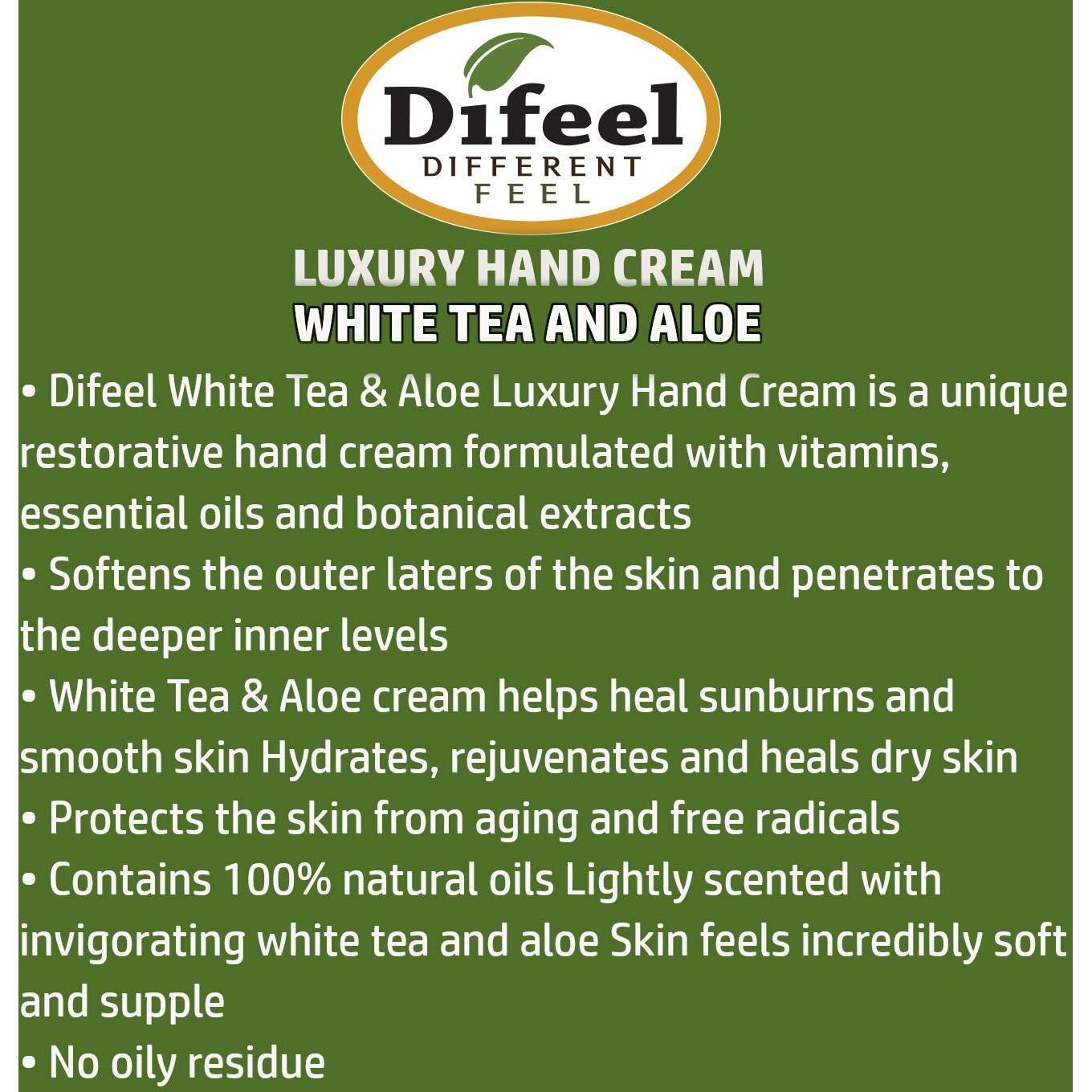 Difeel Hand Cream - White Tea And Aloe 100% Natural Oil And Vitamin E 1.4 Ounce