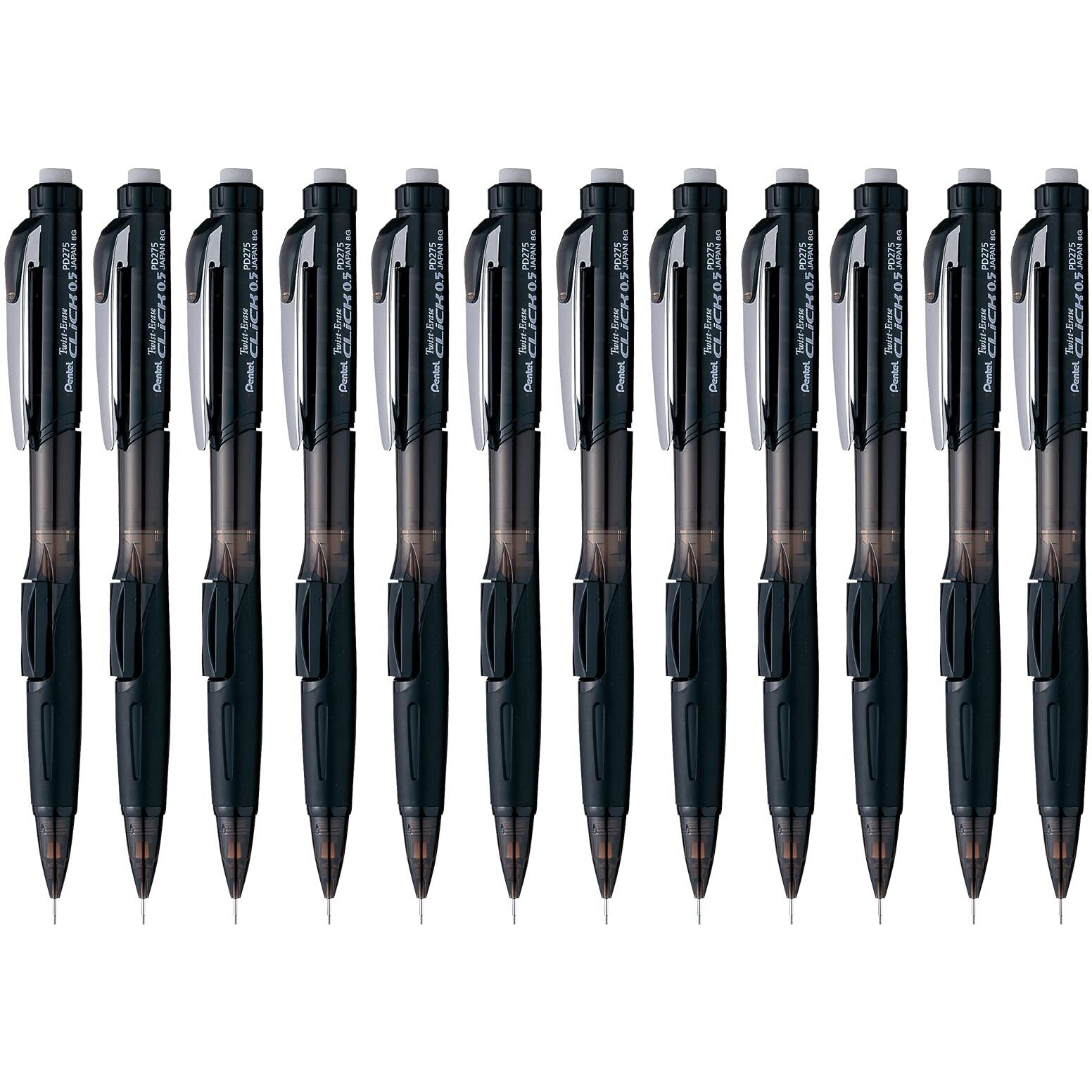 Pentel Twist Erase Click Mechanical Pencil, Pack Of 12, 0.5Mm, Clear Barrel, Black Grip (Pd275Ta)