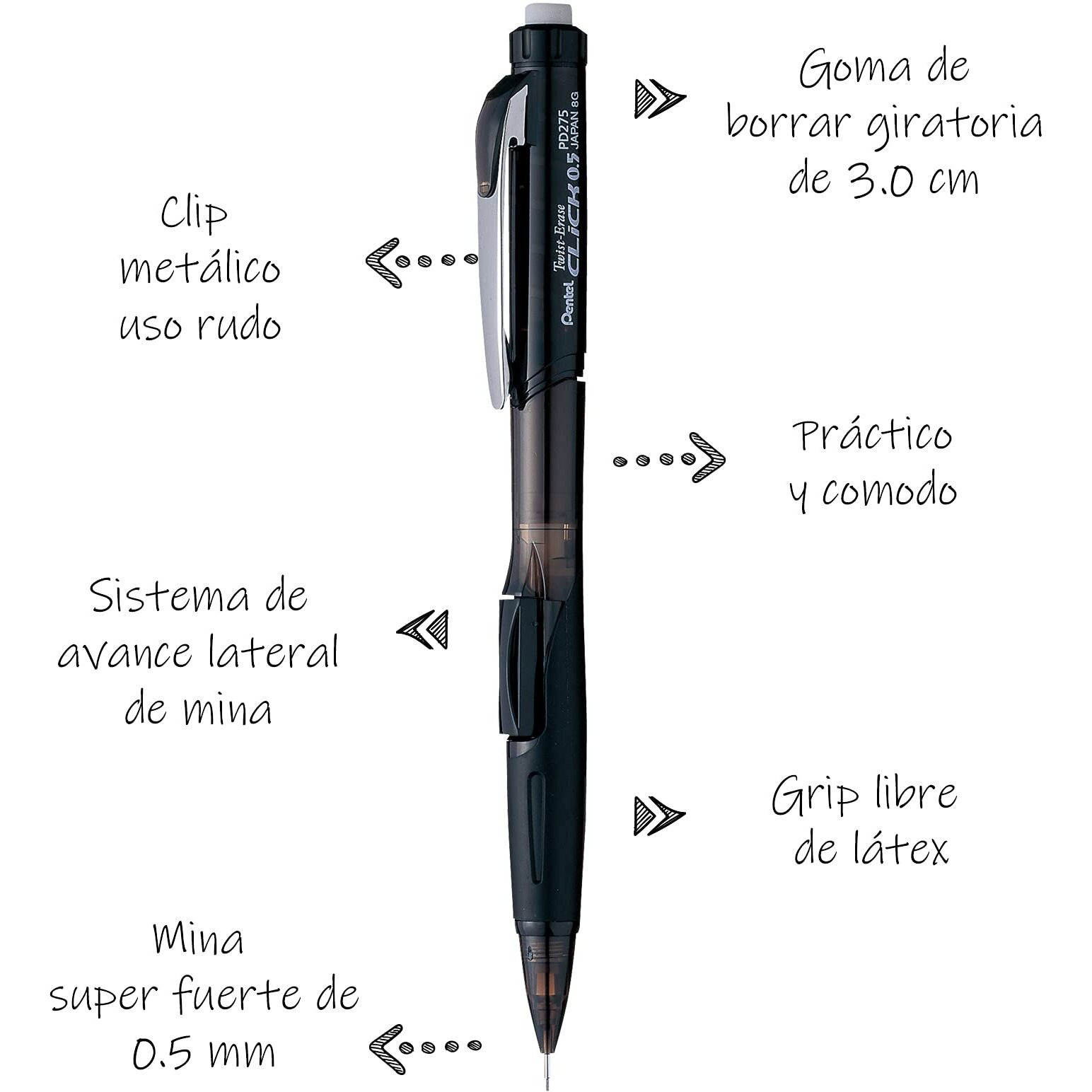 Pentel Twist Erase Click Mechanical Pencil, Pack Of 12, 0.5Mm, Clear Barrel, Black Grip (Pd275Ta)