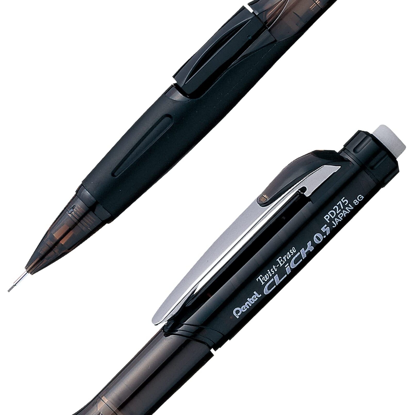 Pentel Twist Erase Click Mechanical Pencil, Pack Of 12, 0.5Mm, Clear Barrel, Black Grip (Pd275Ta)
