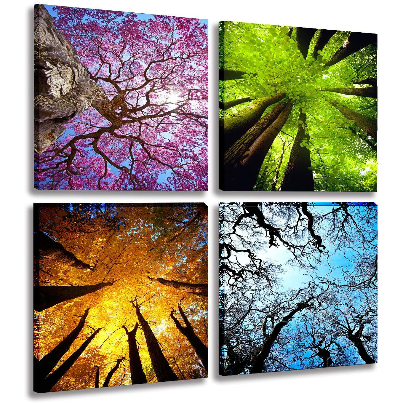 Mesese Art 4 Panels Canvas Wall Art Spring Summer Autumn Winter Four Seasons Landscape Color Tree Painting Picture Prints Modern Giclee Artwork Stretched And Framed For Living Room Home Decoration