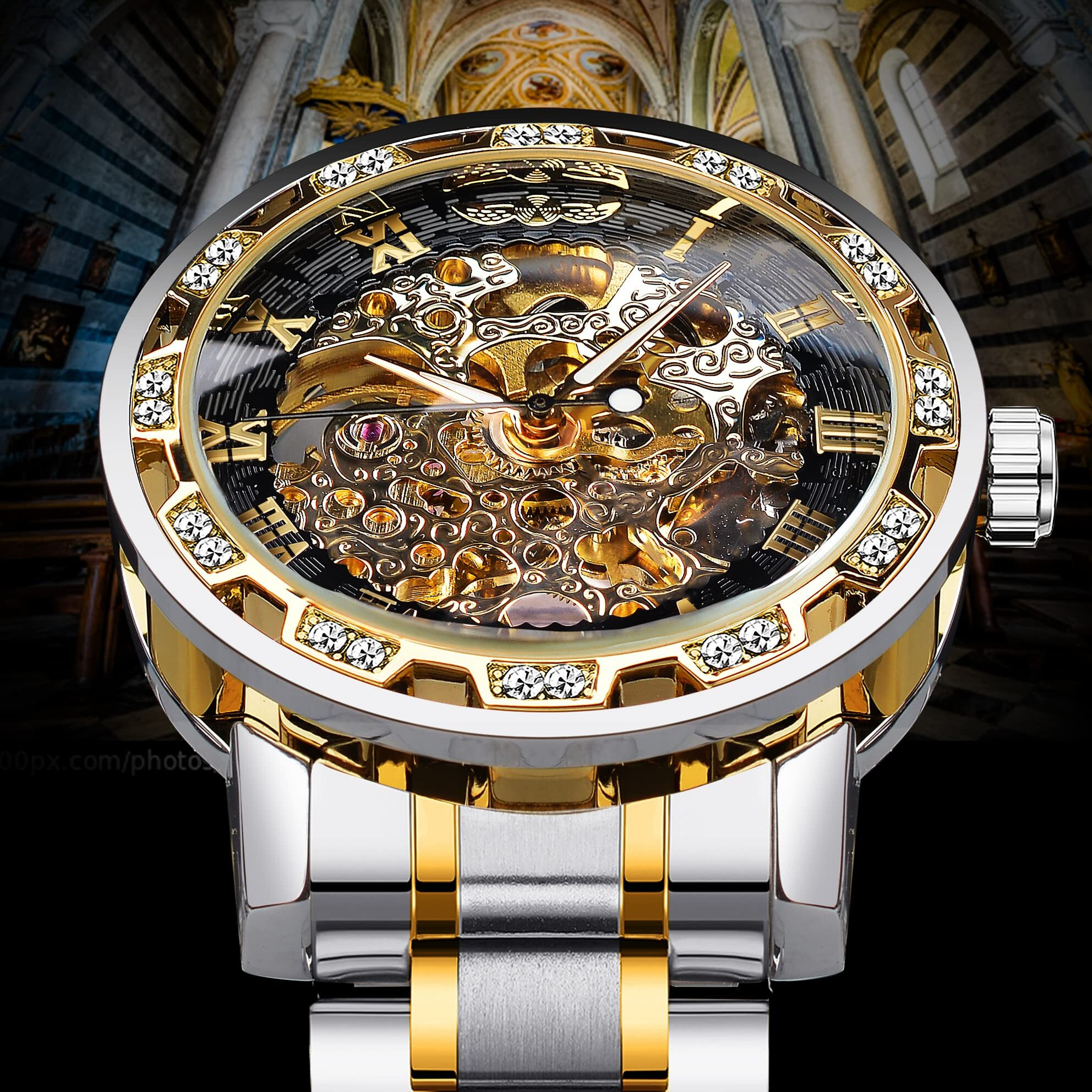Forsining Watch For Men, Retro Steampunk Skeleton Mechanical Wrist Watch With Blue Diamond And Royal Carving, Elegant Neutral Clock (Silver Black)