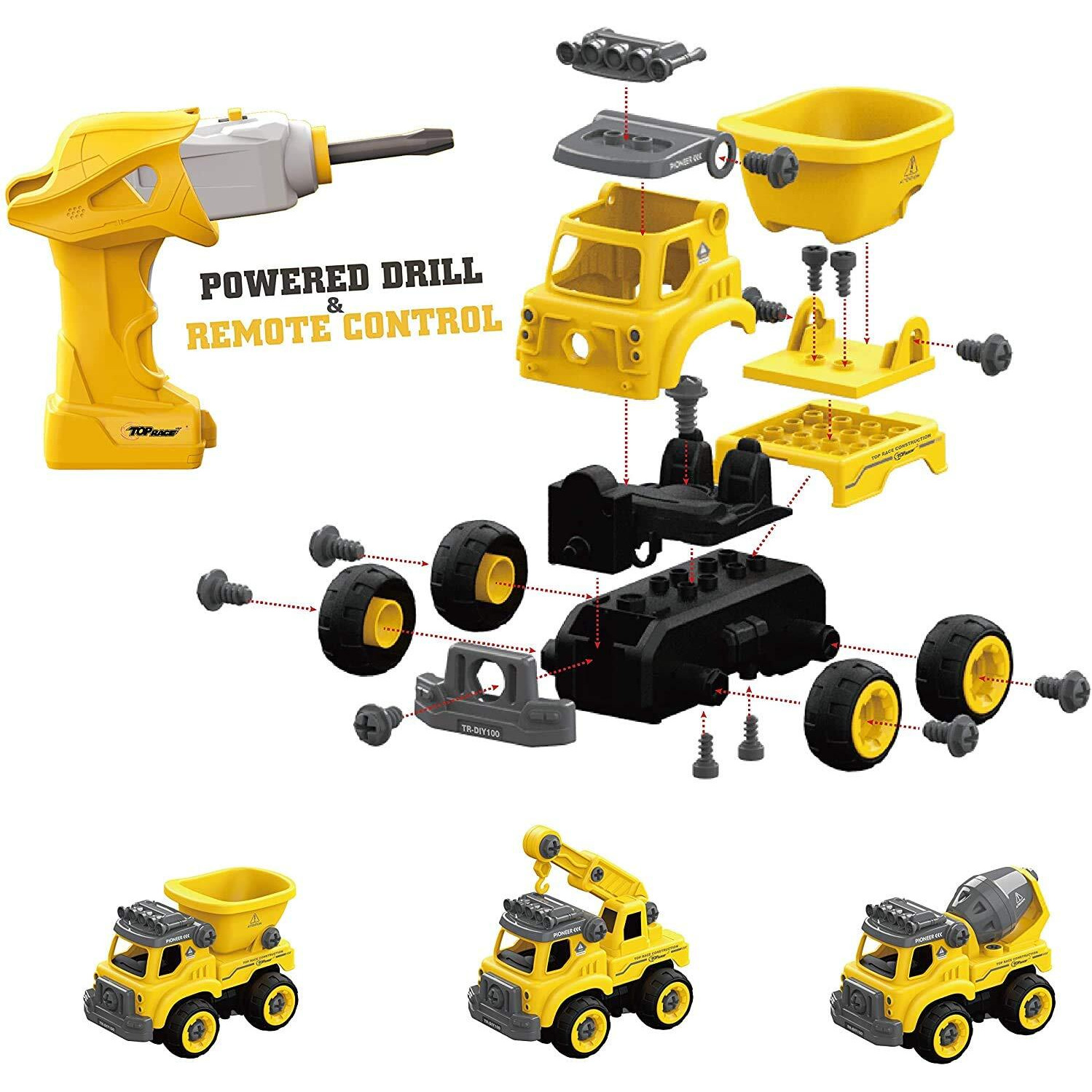 Top Race 3-In-1 Construction Vehicle - Easy Assembly Take Apart Construction Truck With Remote Control - Trucks And Kids Building Toy