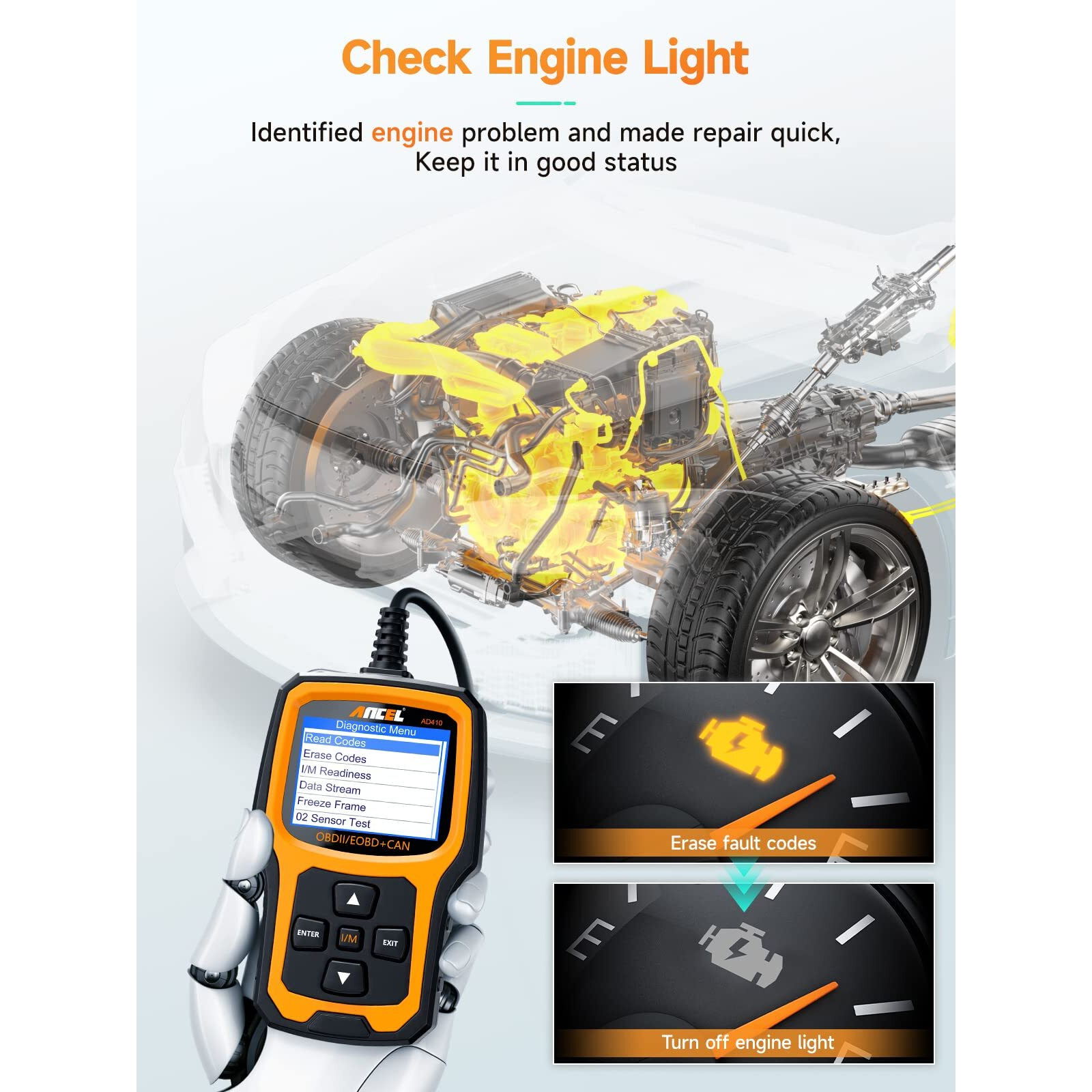 Ancel Ad410 Enhanced Obd2 Scanner Vehicle Code Reader Check Engine Light Fault Reader Diagnostic Scan Tool Automotive Obd Ii Scanner Auto Code Scanner For All Obdii Car After 1996 (Black/Yellow)