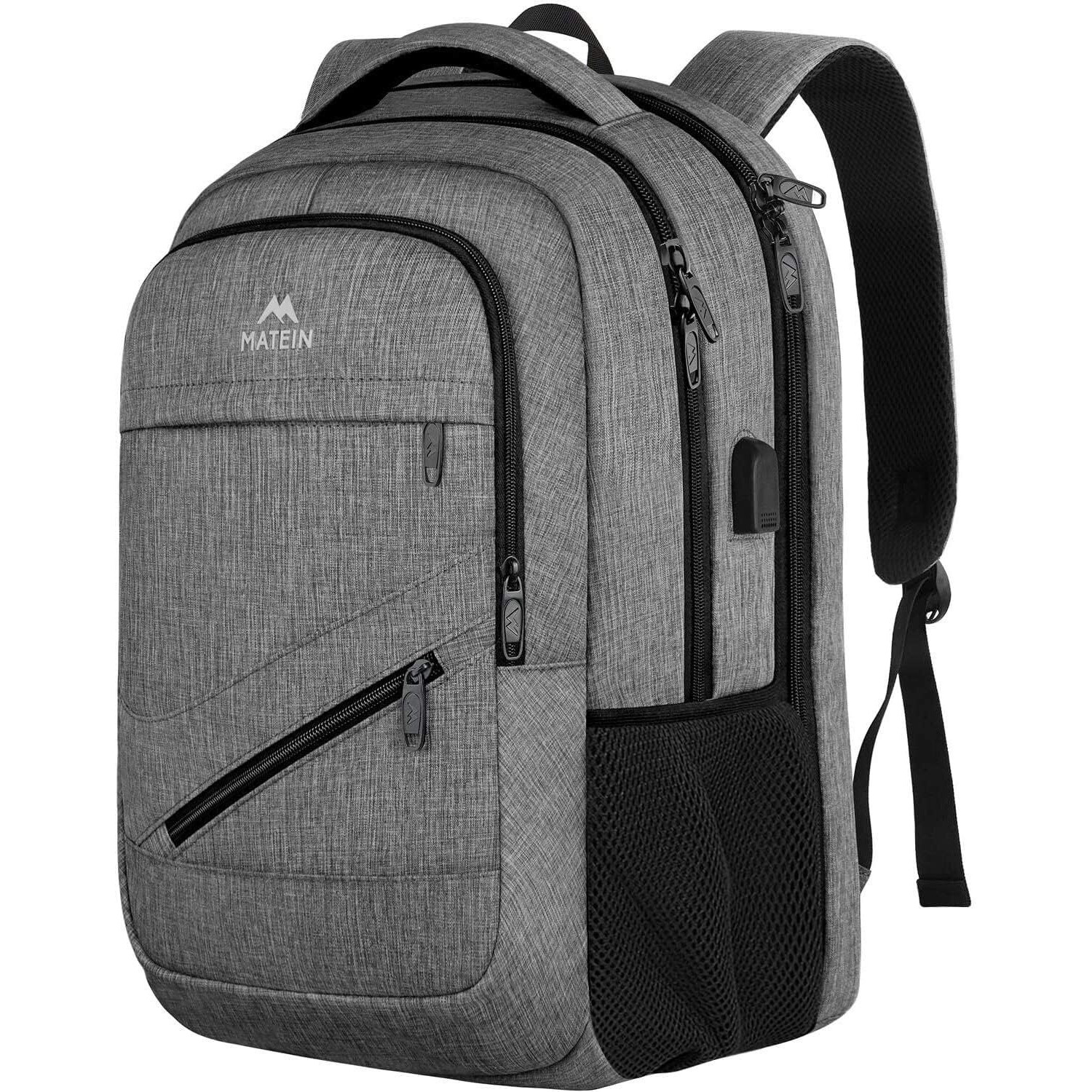 Matein Travel Laptop Backpack, 17 Inch Business Flight Approved Carry On Backpack, Tsa Large Computer Backpack For Men Women With Usb Port And Trolley Sleeve, College School Tactical Book Bag, Grey