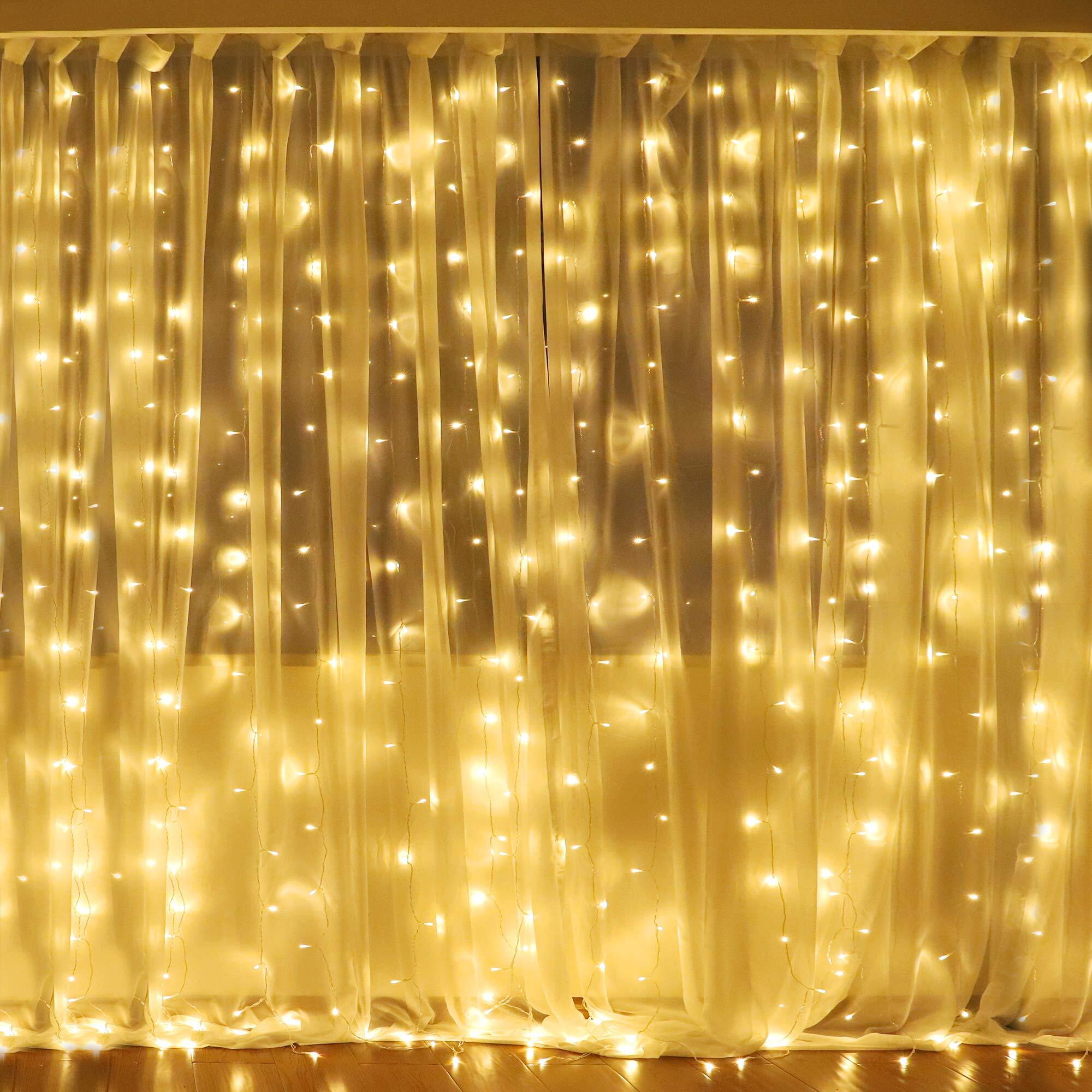 Fairy Curtain Lights,304 Led 9.8Ftx9.8Ft 30V 8Modes Safety Window Lights With Memory For Home Wedding Christmas Party Family Patio Lawn Garden Bedroom Outdoor Indoor Wall Decorations(Warm White)