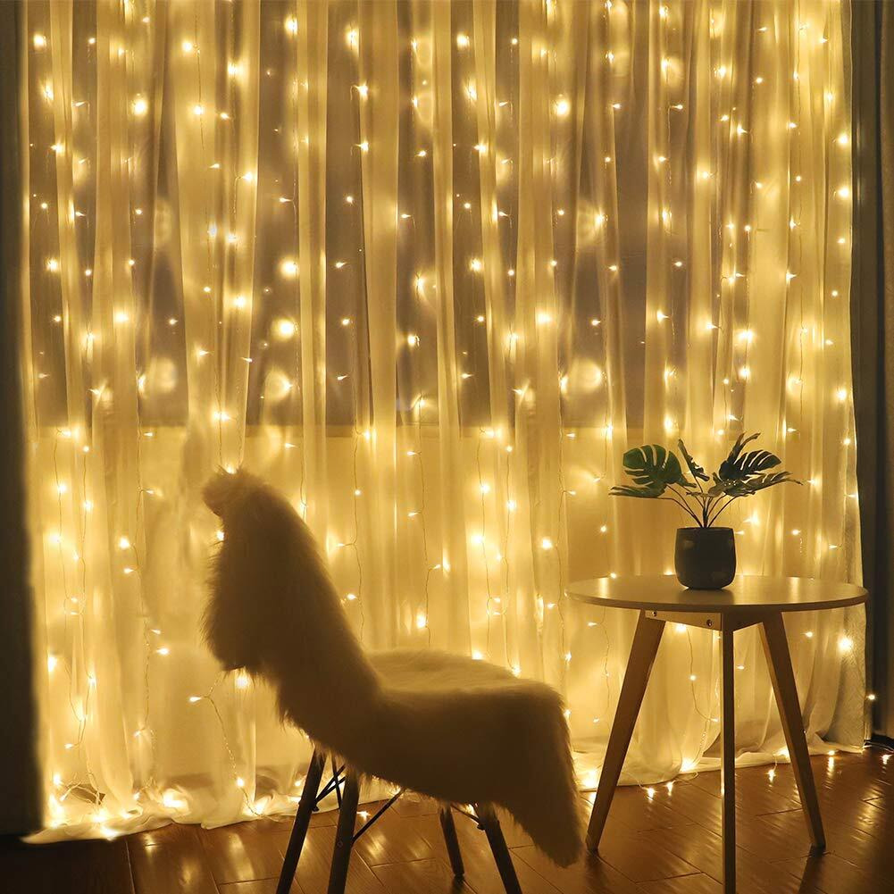 Fairy Curtain Lights,304 Led 9.8Ftx9.8Ft 30V 8Modes Safety Window Lights With Memory For Home Wedding Christmas Party Family Patio Lawn Garden Bedroom Outdoor Indoor Wall Decorations(Warm White)