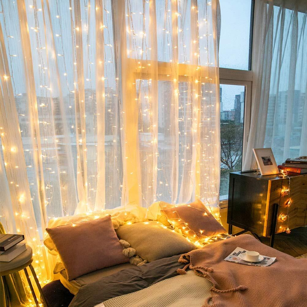 Fairy Curtain Lights,304 Led 9.8Ftx9.8Ft 30V 8Modes Safety Window Lights With Memory For Home Wedding Christmas Party Family Patio Lawn Garden Bedroom Outdoor Indoor Wall Decorations(Warm White)