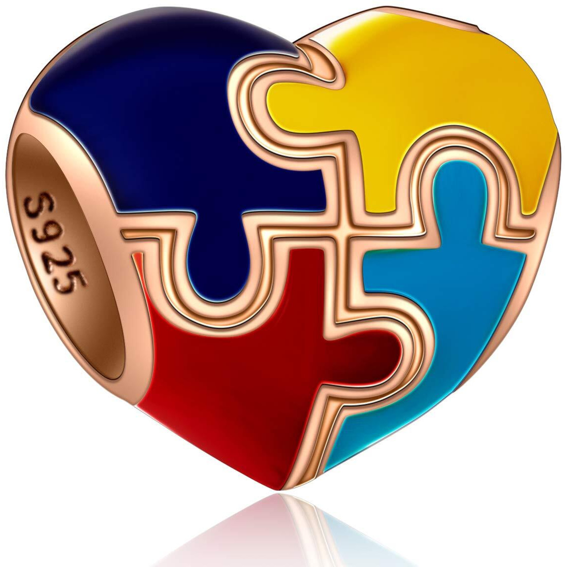 Rose Gold Heart-Shaped Autism Awareness Charms Fits Pandora Valentines Bracelet, 925 Sterling Silver Puzzle Pieces Enamel Colorful Beads, For God Mother/Daughter/Son Gifts