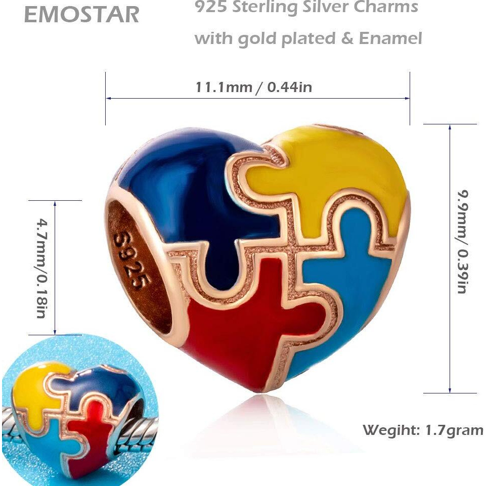 Rose Gold Heart-Shaped Autism Awareness Charms Fits Pandora Valentines Bracelet, 925 Sterling Silver Puzzle Pieces Enamel Colorful Beads, For God Mother/Daughter/Son Gifts