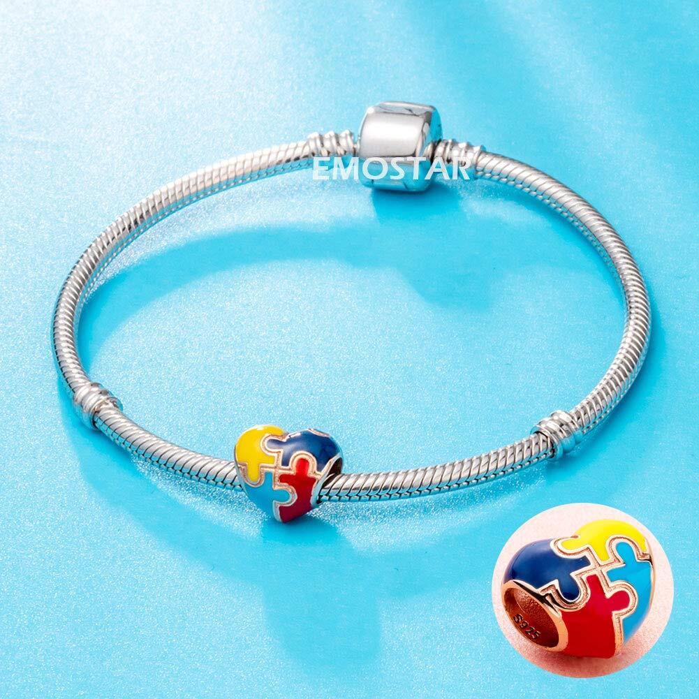 Rose Gold Heart-Shaped Autism Awareness Charms Fits Pandora Valentines Bracelet, 925 Sterling Silver Puzzle Pieces Enamel Colorful Beads, For God Mother/Daughter/Son Gifts