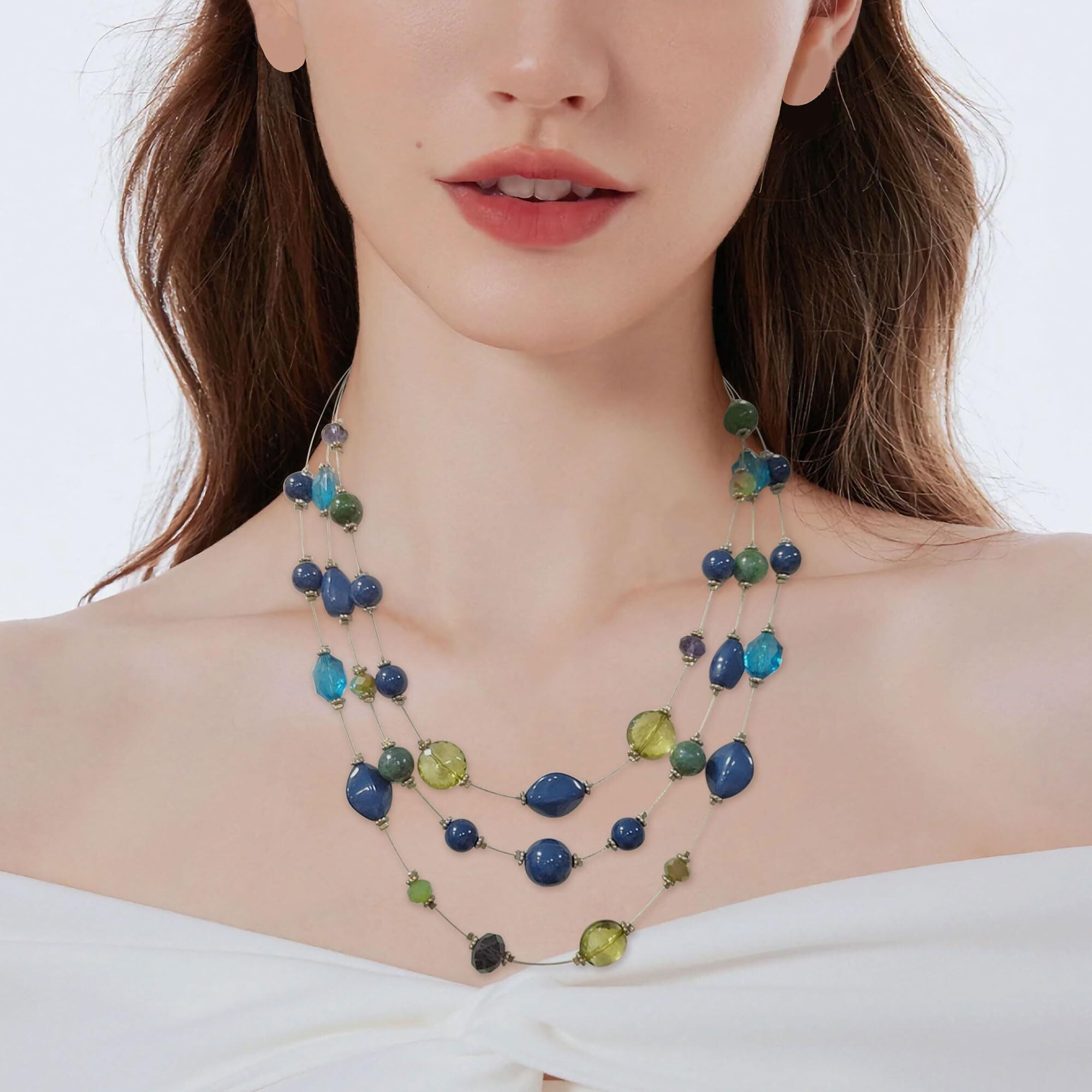 Coiris 3 Layers Illusion Wire Beaded Statement 19.5"" Necklace For Women (N0005)