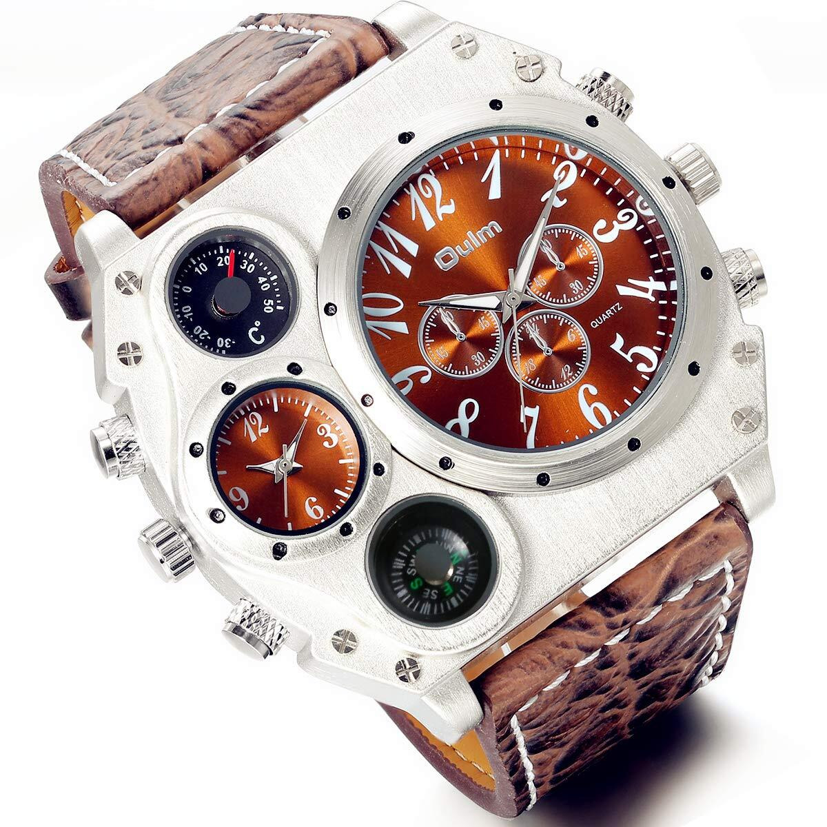 Lancardo Cool Watches For Men Oversize Steampunk Dual Time Zone Four Dial Big Face Brown Leather Band Compass Thermometer Decorative Dial Father's Day