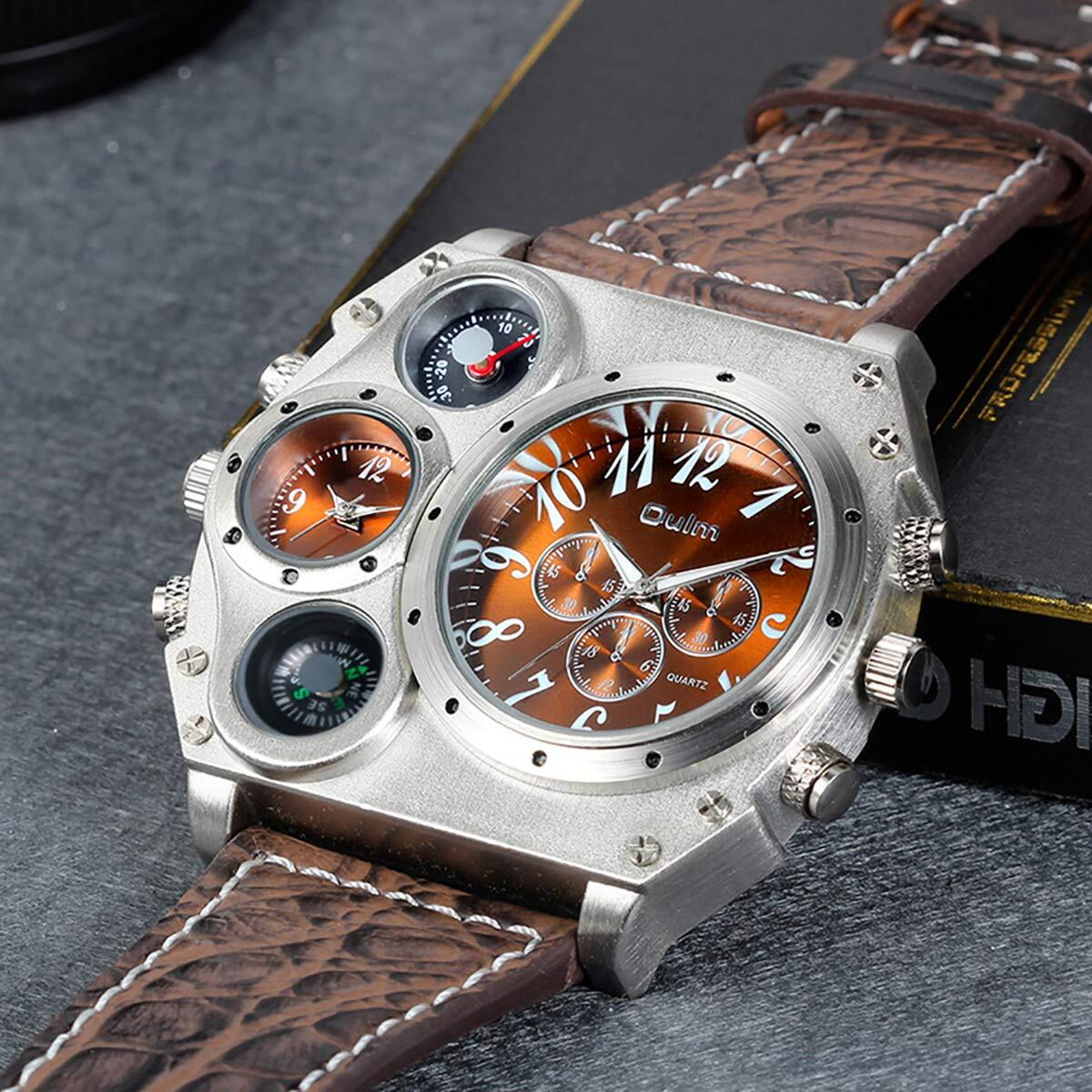 Lancardo Cool Watches For Men Oversize Steampunk Dual Time Zone Four Dial Big Face Brown Leather Band Compass Thermometer Decorative Dial Father's Day