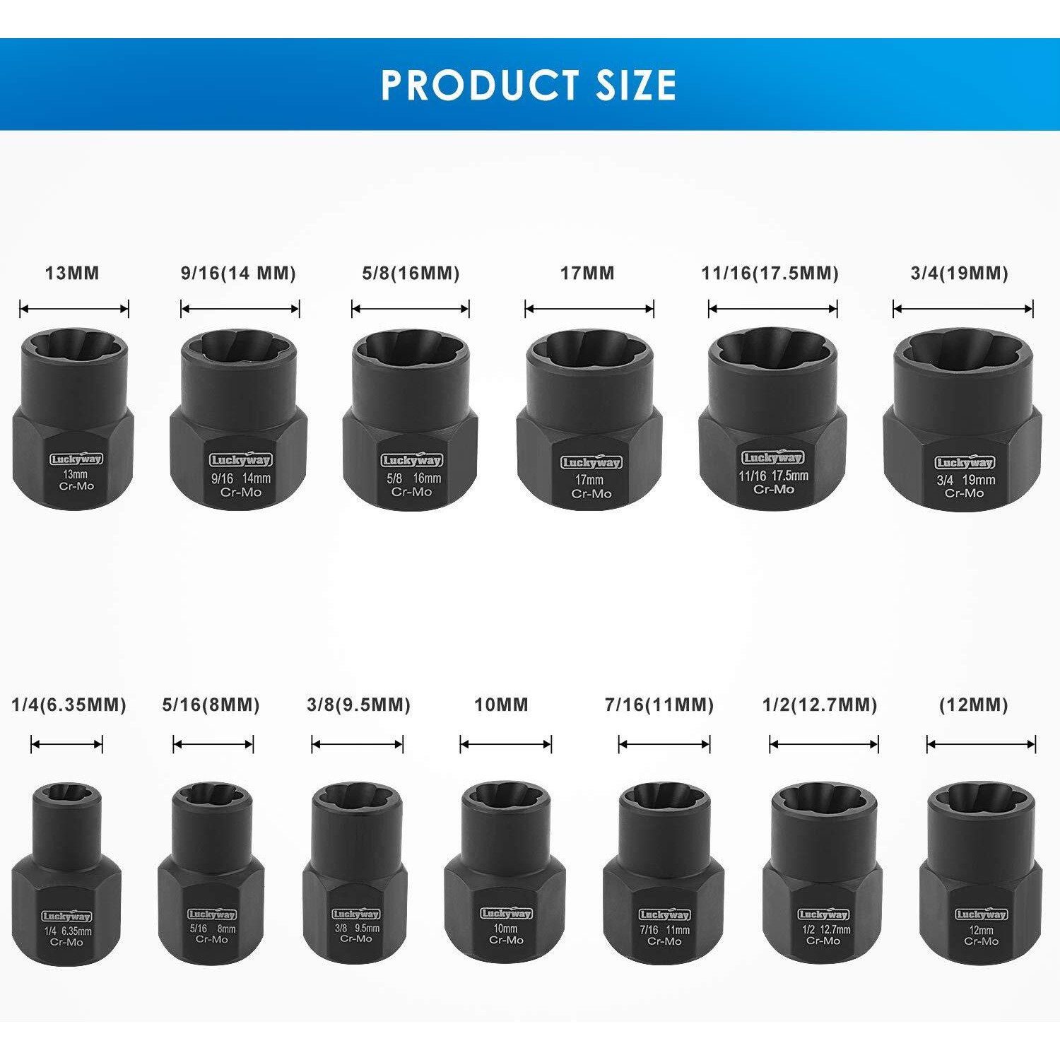 Luckyway 13-Piece Impact Bolt & Nut Remover Set, Nut Extractor Socket, Bolt Remover Tool Set