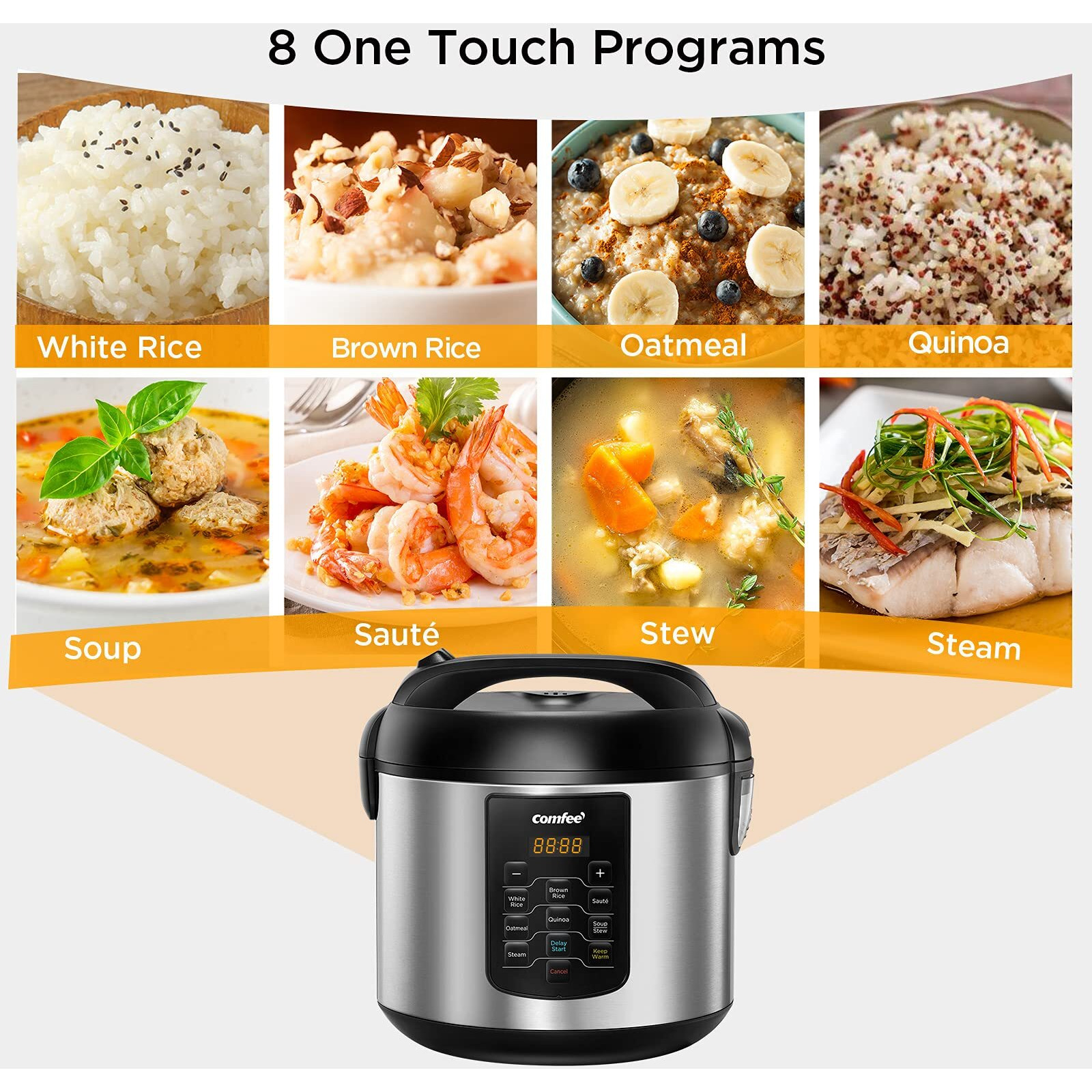Comfee' Rice Cooker 10 Cup Uncooked/20 Cup Cooked , Rice Maker, Steamer, Saute, Steamer And Warmer, 5.2 Qt Large Capacity, Brown Rice, Quinoa And Oatmeal, 8 One-Touch Programs