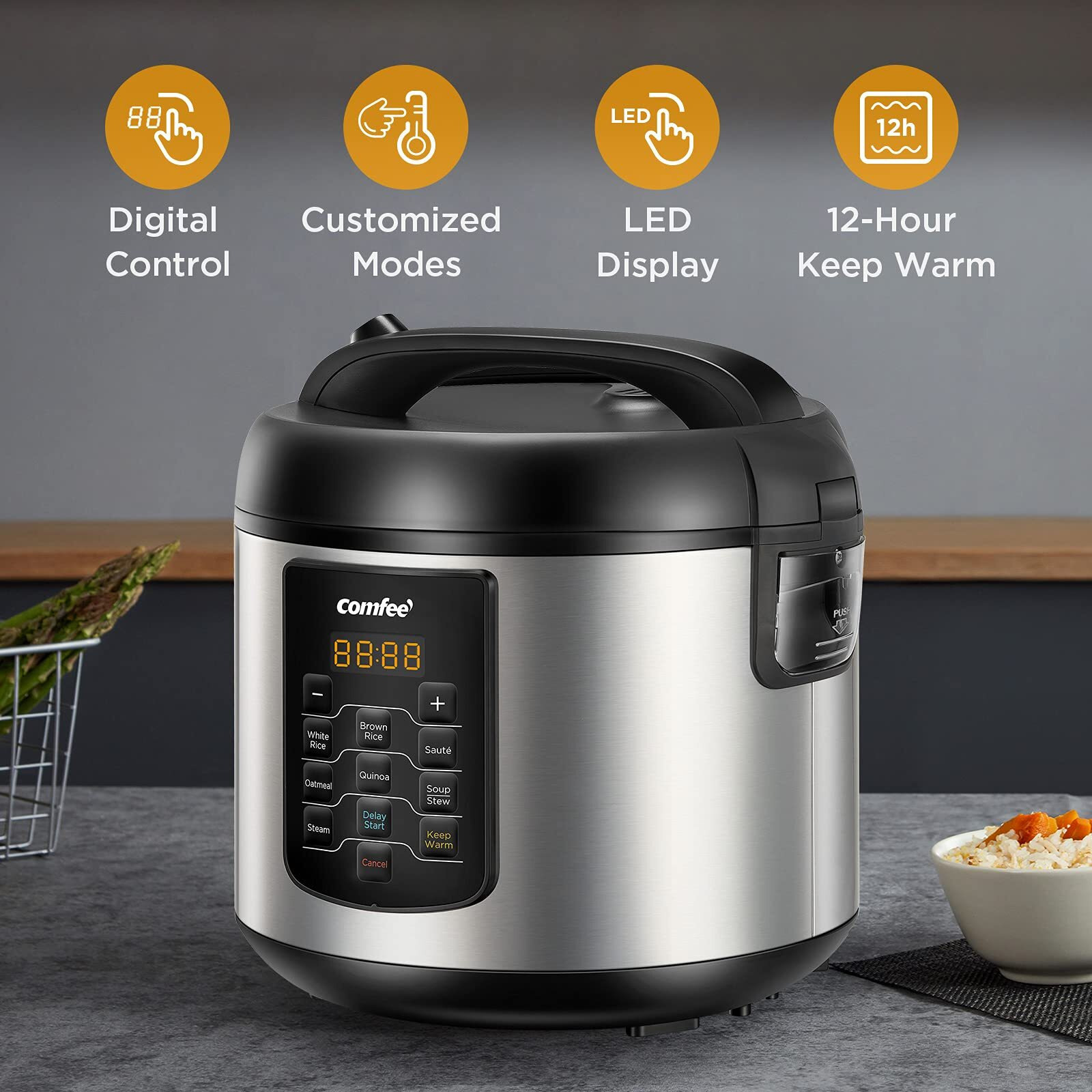 Comfee' Rice Cooker 10 Cup Uncooked/20 Cup Cooked , Rice Maker, Steamer, Saute, Steamer And Warmer, 5.2 Qt Large Capacity, Brown Rice, Quinoa And Oatmeal, 8 One-Touch Programs