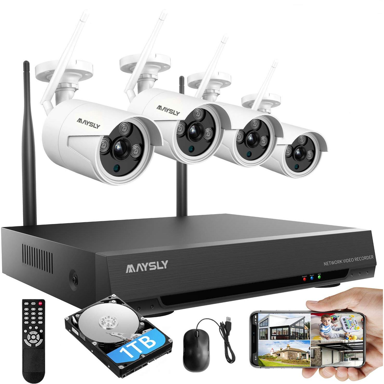 Maysly Home Security Camera System Wireless, 8Ch 1080P Surveillance Nvr Kits With 4Pcs 2.0Mp Cameras Outdoor & Indoor With 65Ft Night Vision, 1Tb Hdd, Audio & Video, Plug & Play