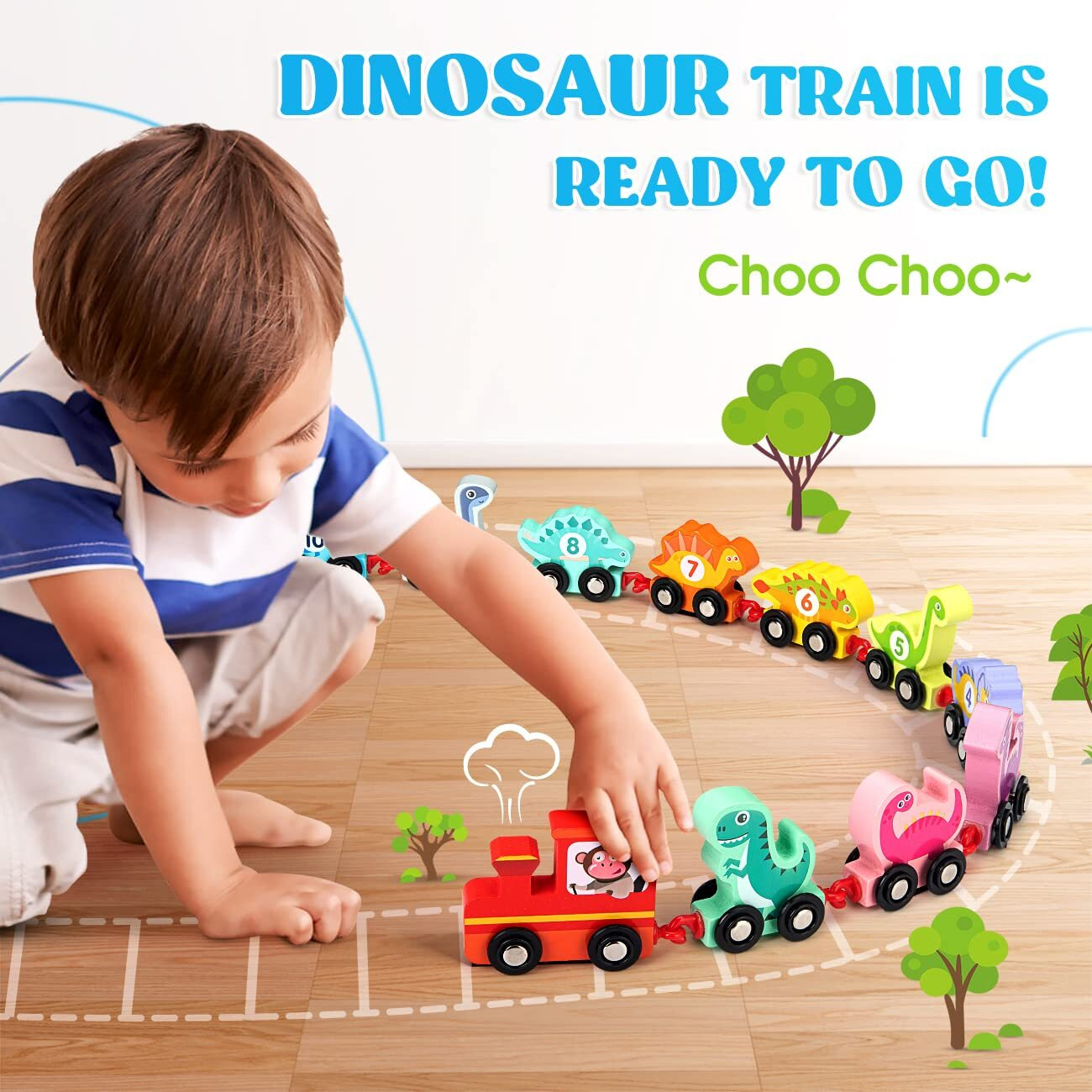 Edujoy Toddler Toys For 2 Year Old Boy Easter Birthday Gifts, Wooden Dinosaur Train Set Montessori Toys For 2 Year Old, Learning Dinosaur Toys For Kids Ages 2-4 Boys Girls Toddler Toys 2-3