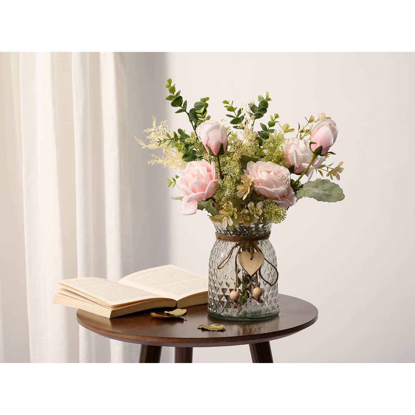 Yj Fake Flowers With Vase, Artificial Flowers Silk Roses Flower Bouquet In Vase, Faux Flower Arrangements,Farmhouse Table Decor,Table Decorations For Living Room,Coffee Table Decor(Pink)