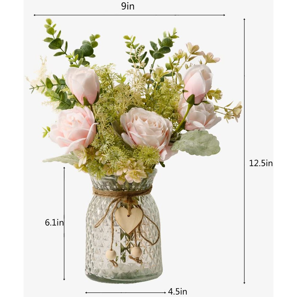 Yj Fake Flowers With Vase, Artificial Flowers Silk Roses Flower Bouquet In Vase, Faux Flower Arrangements,Farmhouse Table Decor,Table Decorations For Living Room,Coffee Table Decor(Pink)