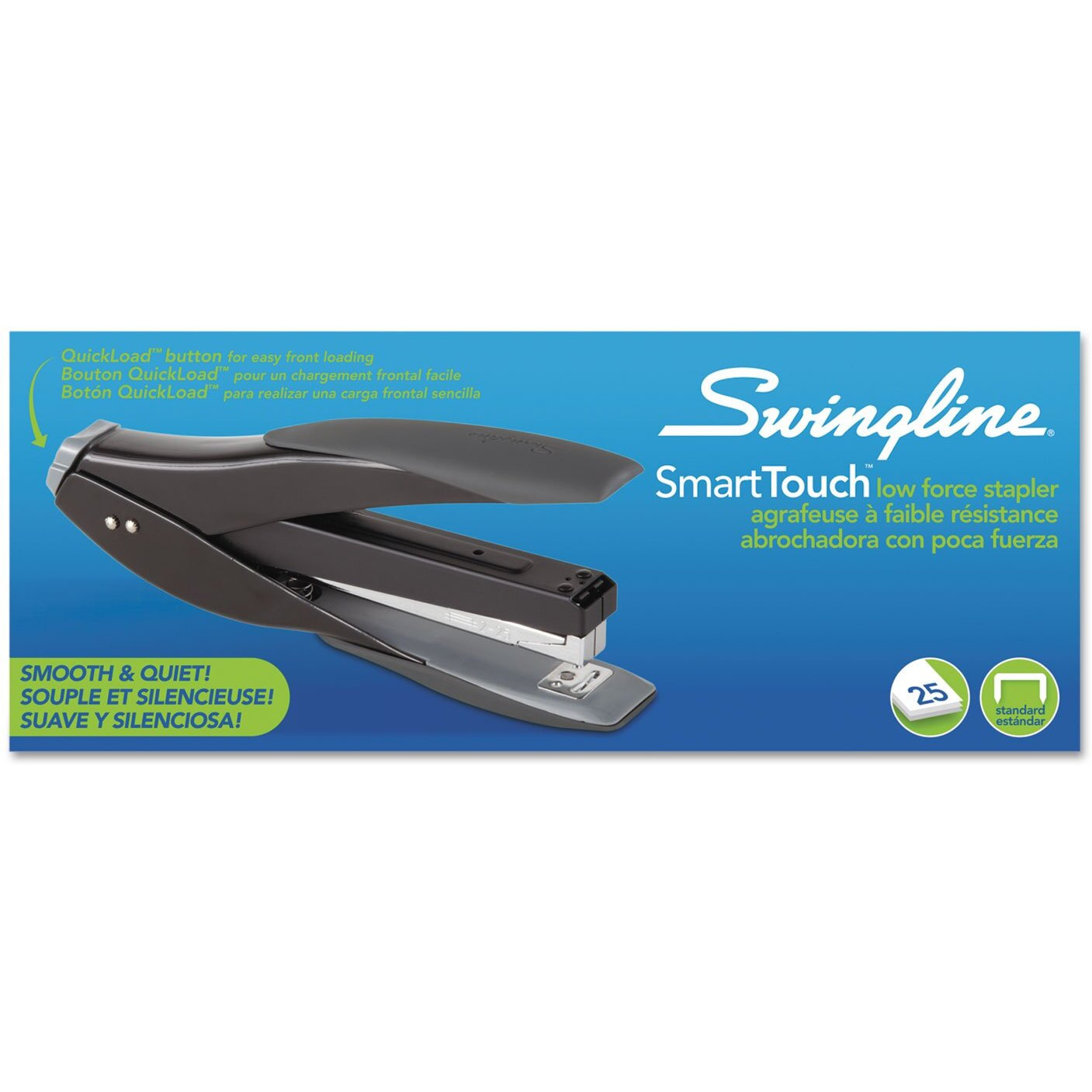 Swingline Stapler, Smarttouch Desktop Stapler, Reduced Effort, 25 Sheets, Full Strip, Silver/Blue (S7066525)