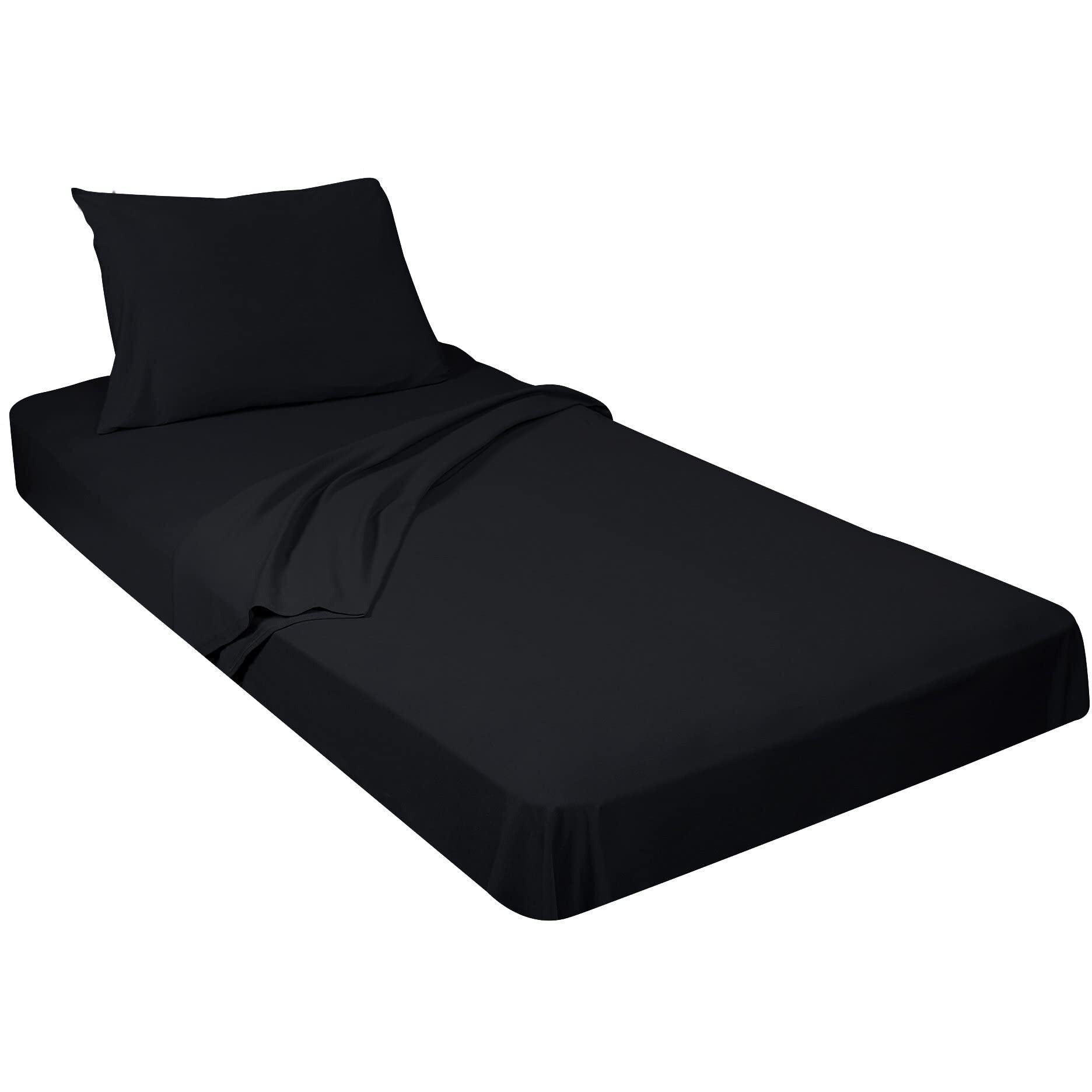 Gilbins 100% Combed T-Shirt Cotton Jersey Knit Camp Sheet Set, 1 Fitted Cot Sheet, 1 Flat Sheet, 1 Standard Pillow Case Black