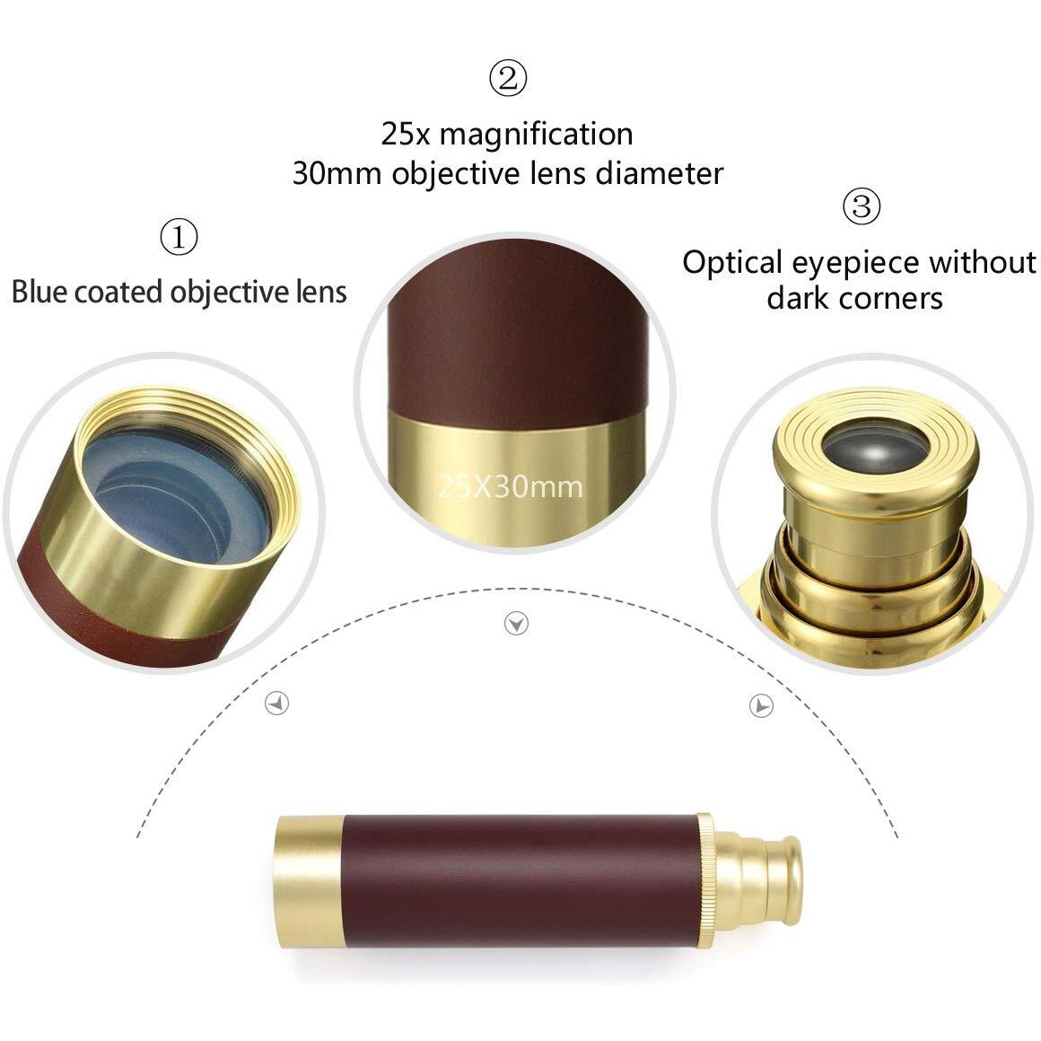 Pirate Monocular Telescope For Kids & Adults, Handheld Collapsible Brass Telescope 25X30 Zoomable Portable Pirate Spyglass For Cruise Ship Travel Watching Games Hiking Hunting And More