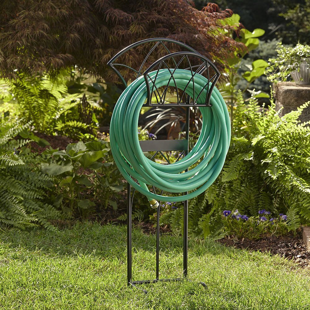 Liberty Garden 150 Feet Long Capacity Large Weatherproof Heavy Gauge Steel Garden Hose Holder With 3 Built In Anchors For Stability, Black