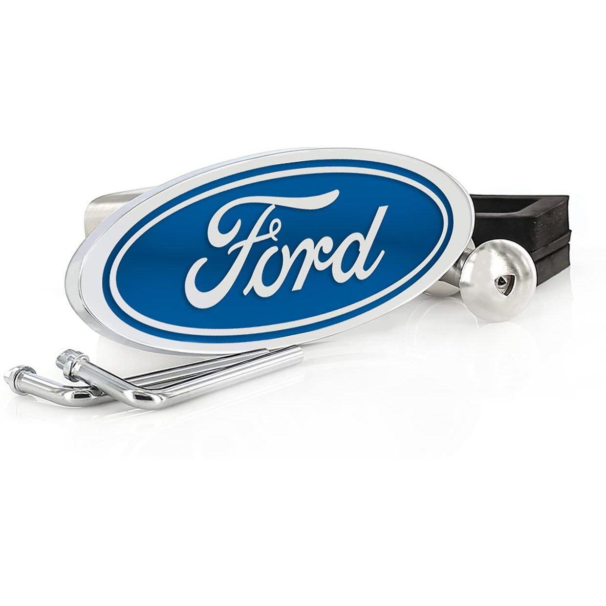 Ford Blue Oval Solid Brass Hitch Cover Plug With 2"" Inch Stainless Steel Post