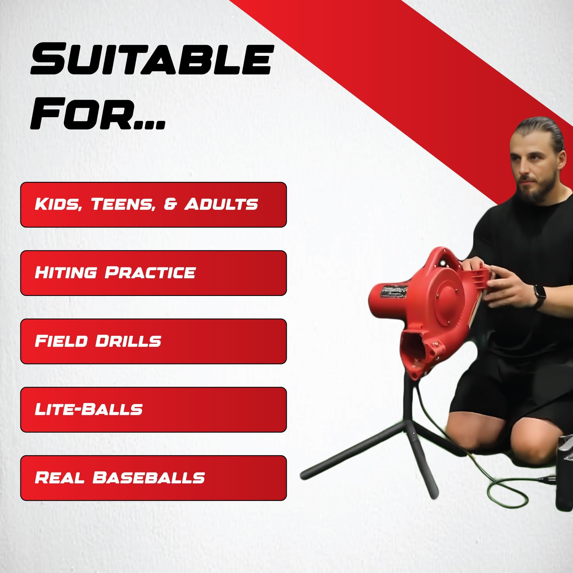 Heater Sports Base Hit Lite Adjustable Baseball Pitching Machine - 45 Mph Pitching Speed, Includes Automatic Ball Feeder, Extremely Accurate | Perfect For Hitting And Fielding Training For All Ages