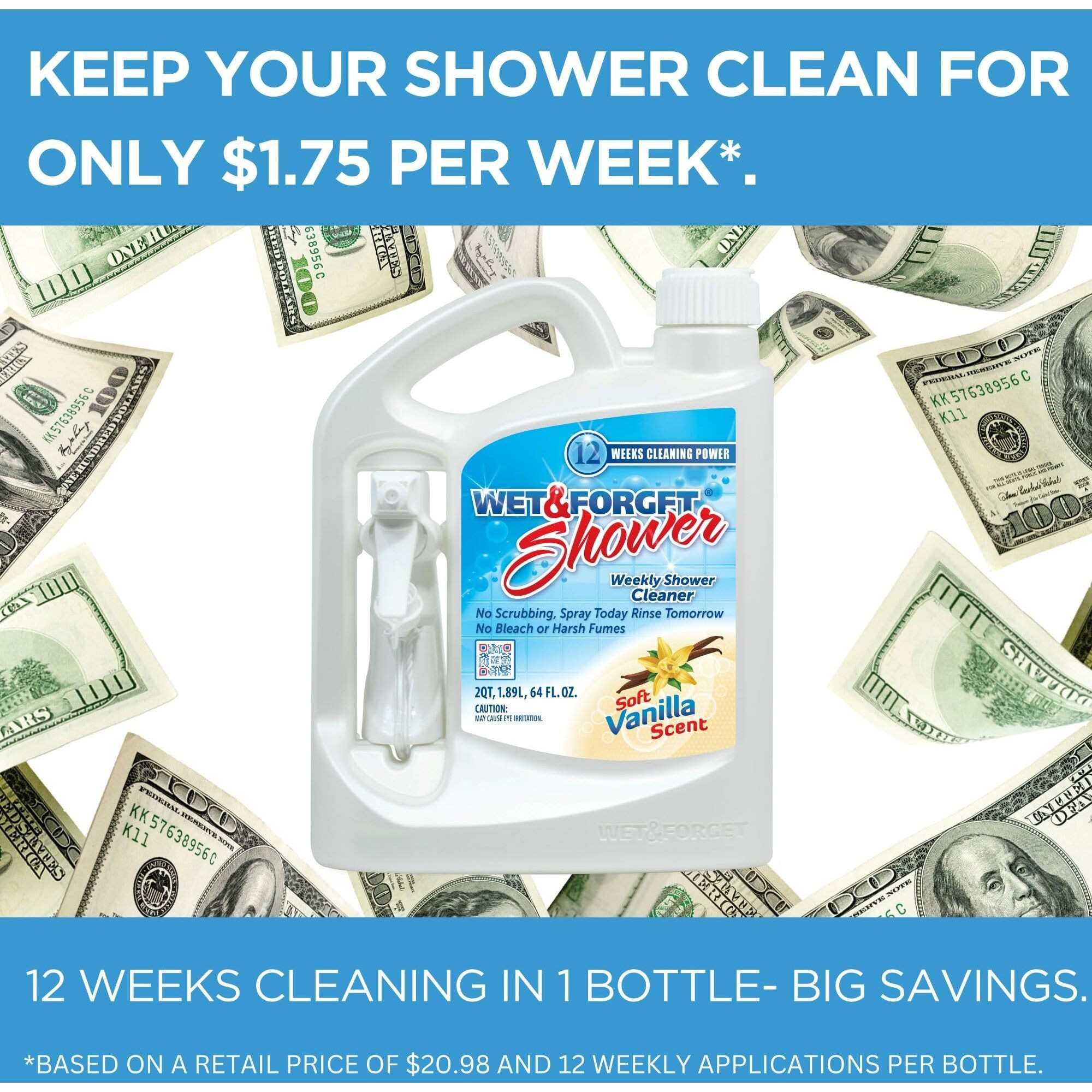 Wet & Forget Shower Cleaner Spray Multi-Surface Weekly Application Requires No Scrubbing, Bleach-Free Formula, Ready To Use, Vanilla Scent, 3 Months Of Cleaning, 64 Fluid Ounces, 1 Pack