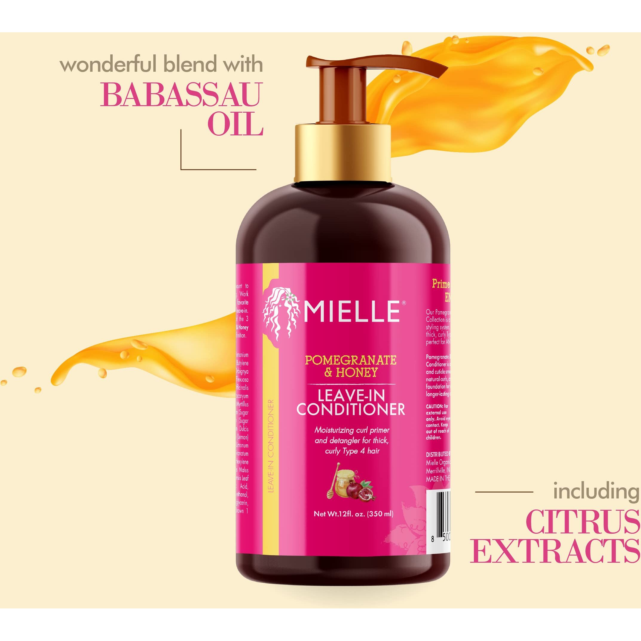 Mielle Organics Pomegranate & Honey Leave-In Conditioner, Moisturizing Curl Primer And Detangler, Repair Damage And Prevent Frizz, Treatment For Thick Curly Hair Type 4 Hair, 12-Fluid Ounces