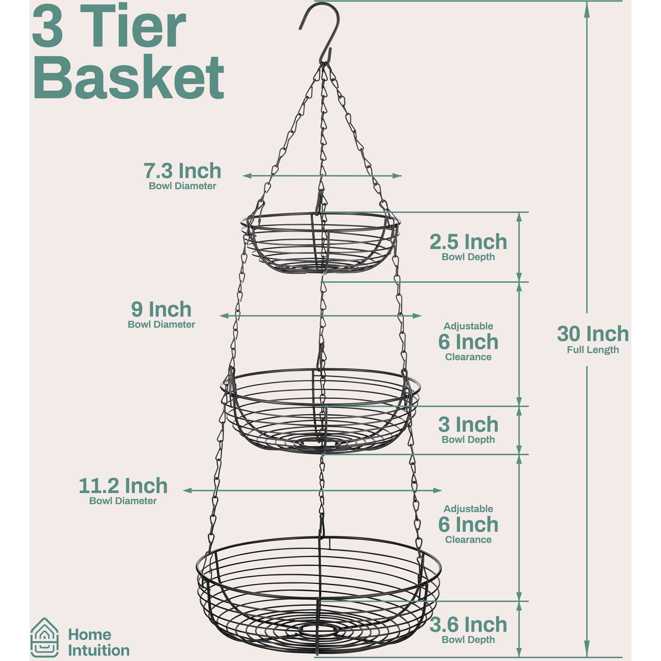 Heavy Duty 3-Tier Hanging Fruit And Vegetable Basket With 2 Metal Ceiling Hooks, Black