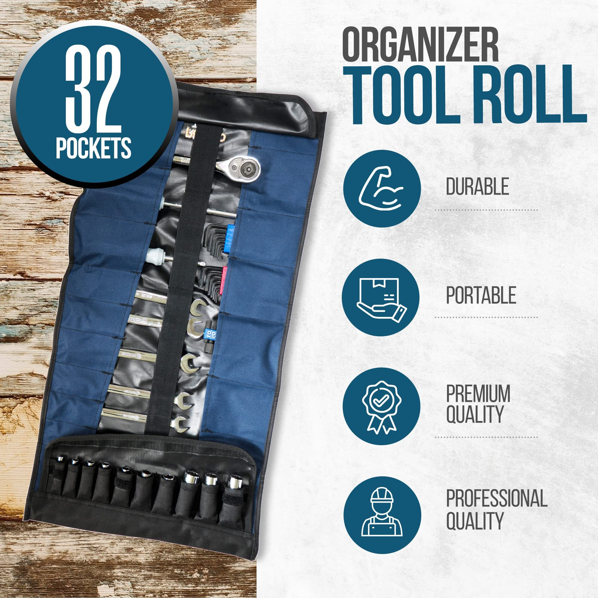 32 Pocket Tool Roll Organizer - Wrench & Pouch Includes Pouches For 10 Sockets Up Bag Electrician, Hvac, Plumber, Carpenter Or Mechanic From Rugged