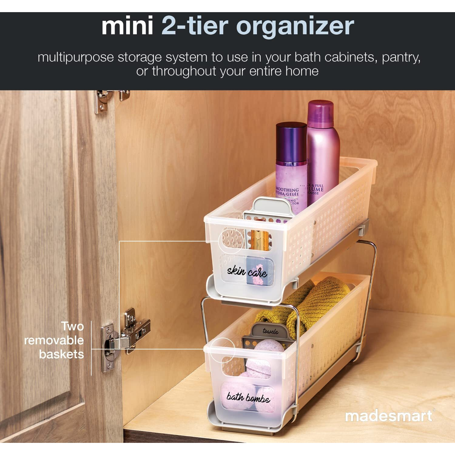 Madesmart 2-Tier Plastic Mini Multipurpose Organizer With Divided Slide-Out Storage Bins, Compact Under Sink And Cabinet Organizer Rack, Frost