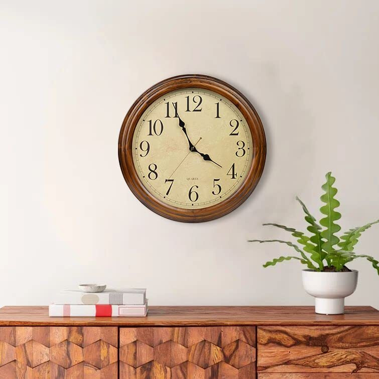 Old Oak 16-Inch Solid Wood Silent Non-Ticking Decorative Wall Clock With Large Arabic Numerals