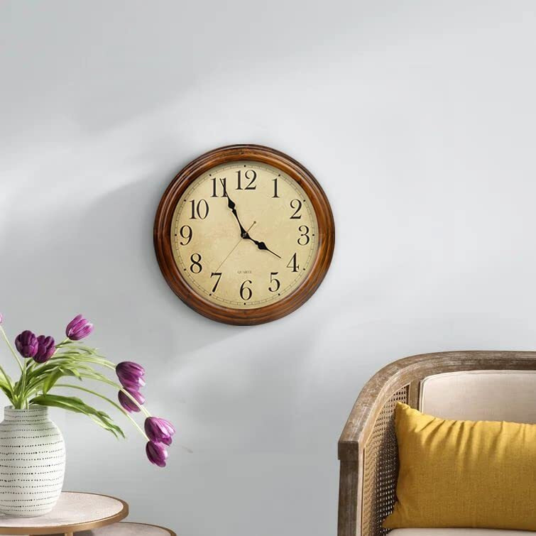 Old Oak 16-Inch Solid Wood Silent Non-Ticking Decorative Wall Clock With Large Arabic Numerals